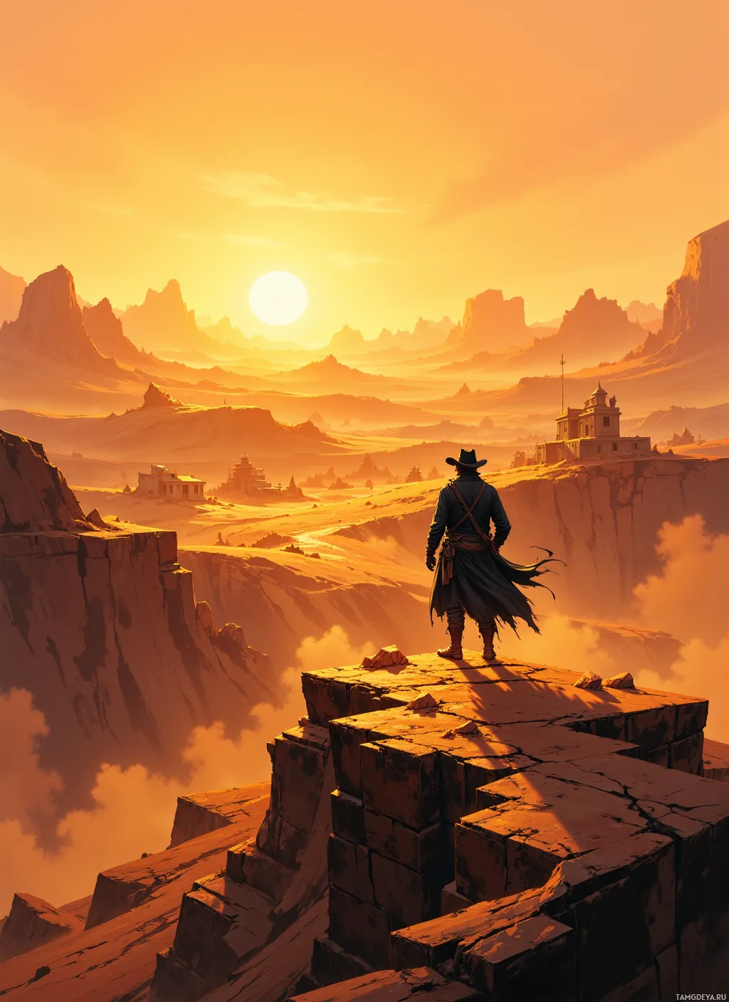 A lone figure stands on a cliff overlooking a vast desert landscape under a setting sun.