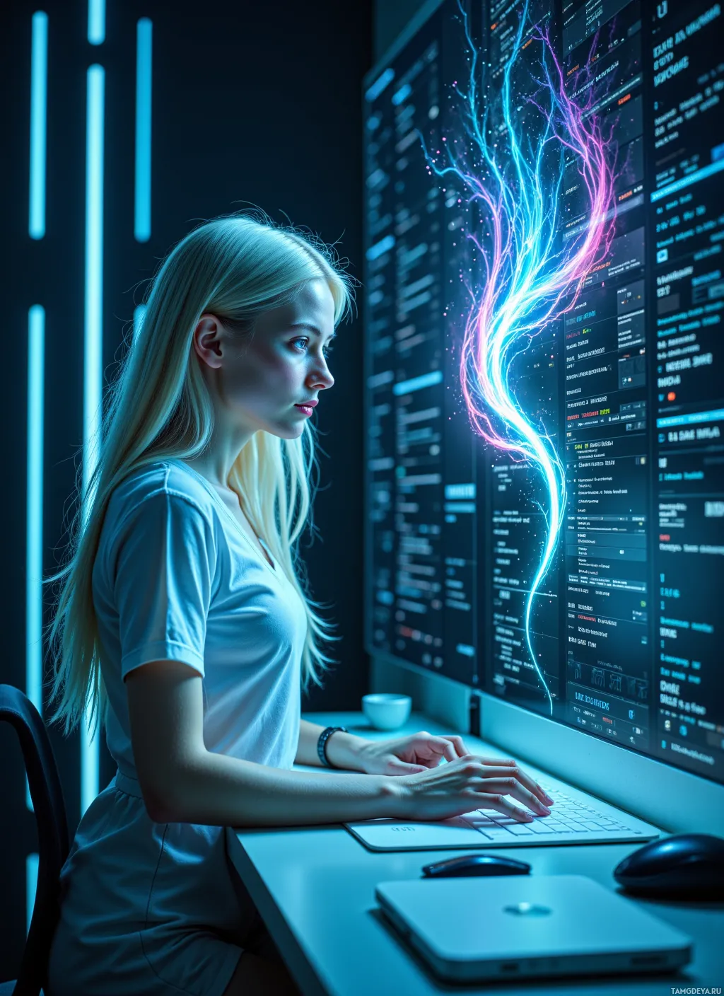 A person is working at a computer with a futuristic display showing glowing lines and data.