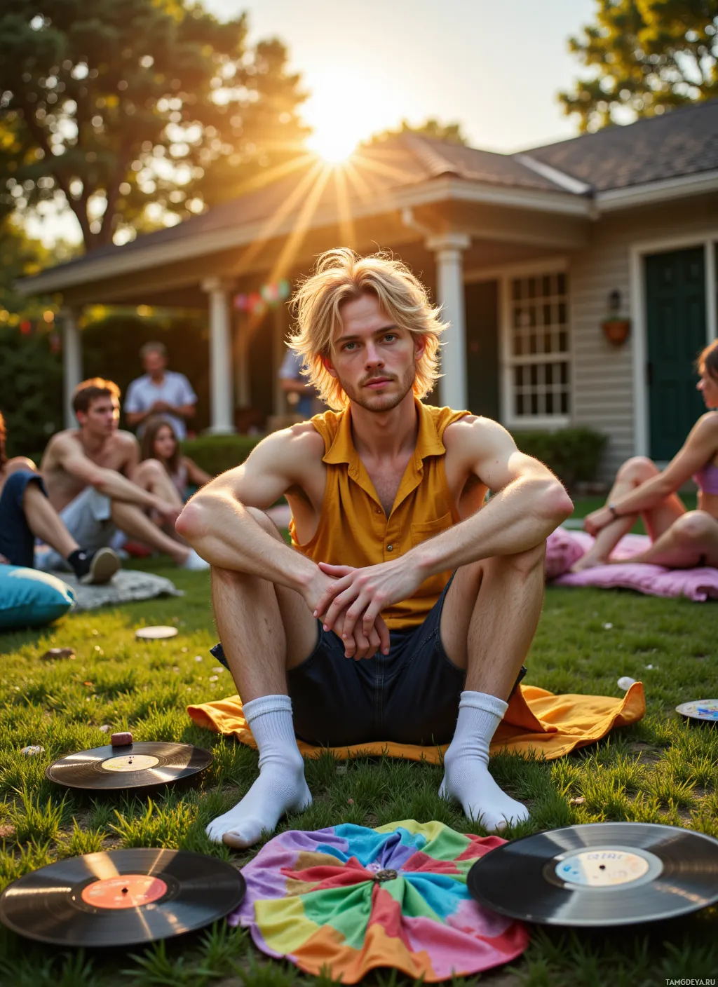 A man sits on a blanket in a grassy yard, surrounded by vinyl records and people in the background.