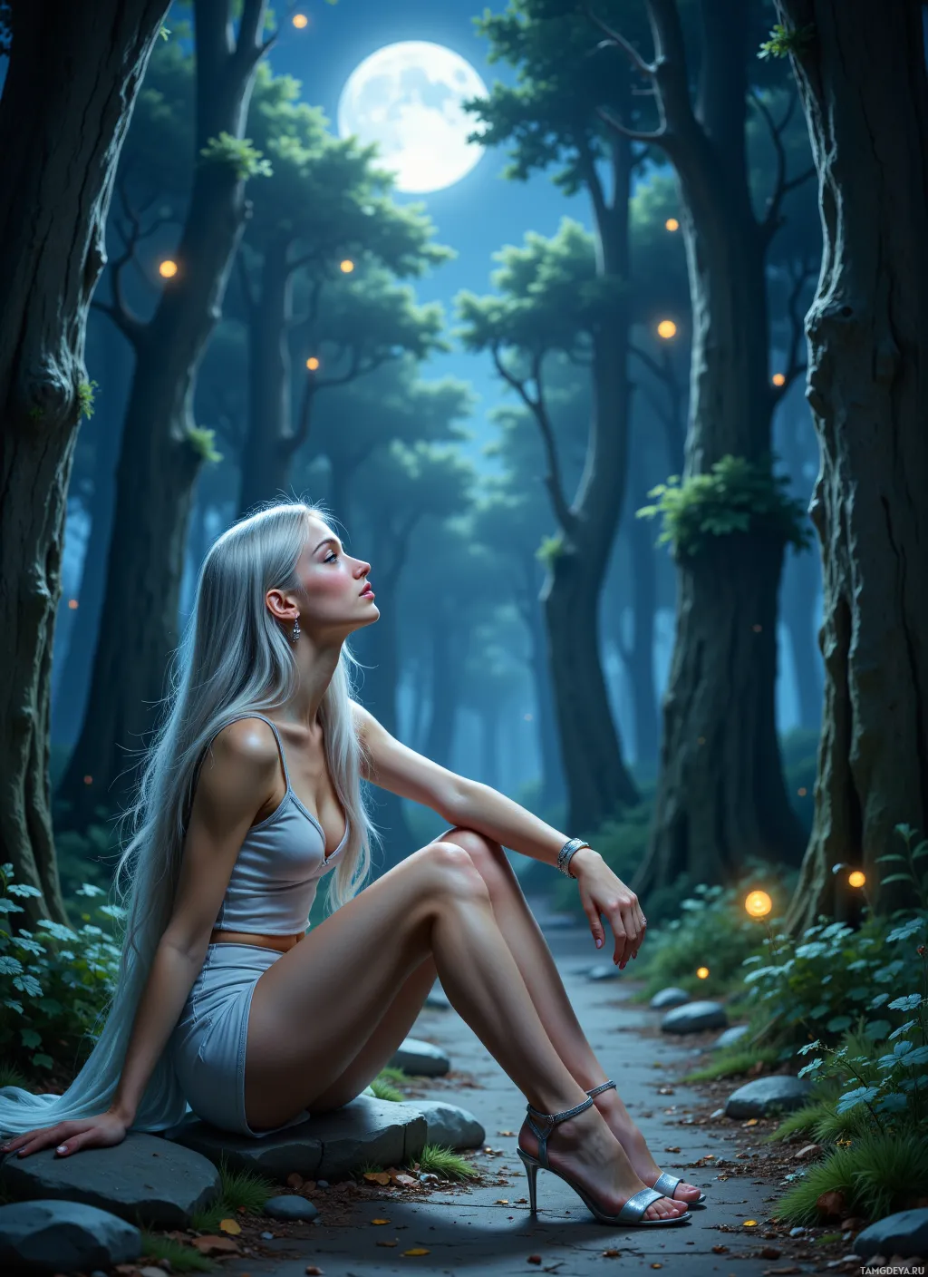A woman sits on a stone path in a moonlit forest.
