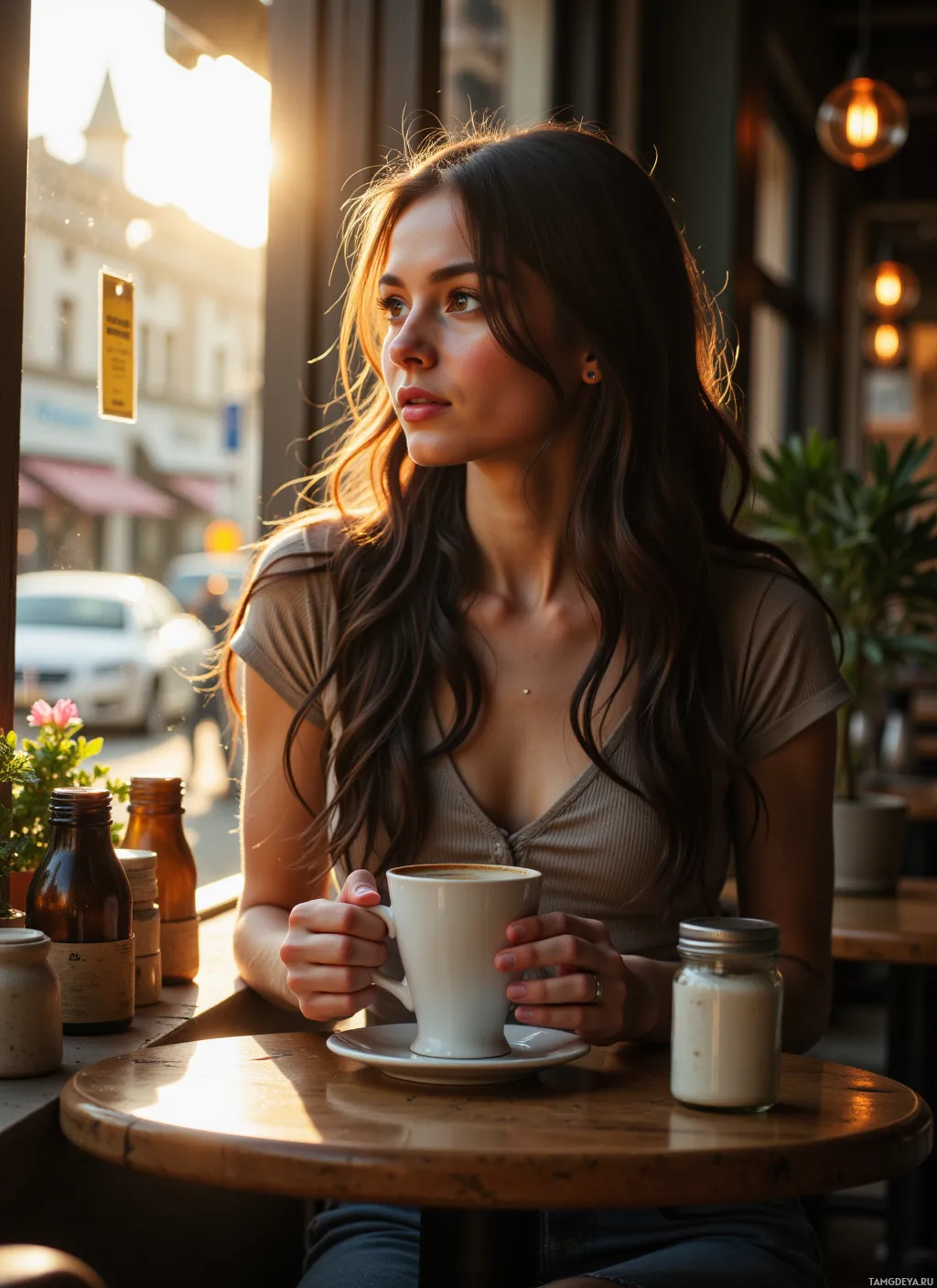 A woman sits at a cafe table, holding a cup of coffee, with sunlight streaming through the window.