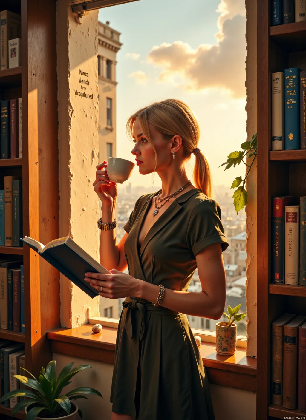 A woman stands by a window, reading a book and sipping coffee, with a cityscape and bookshelves in the background.