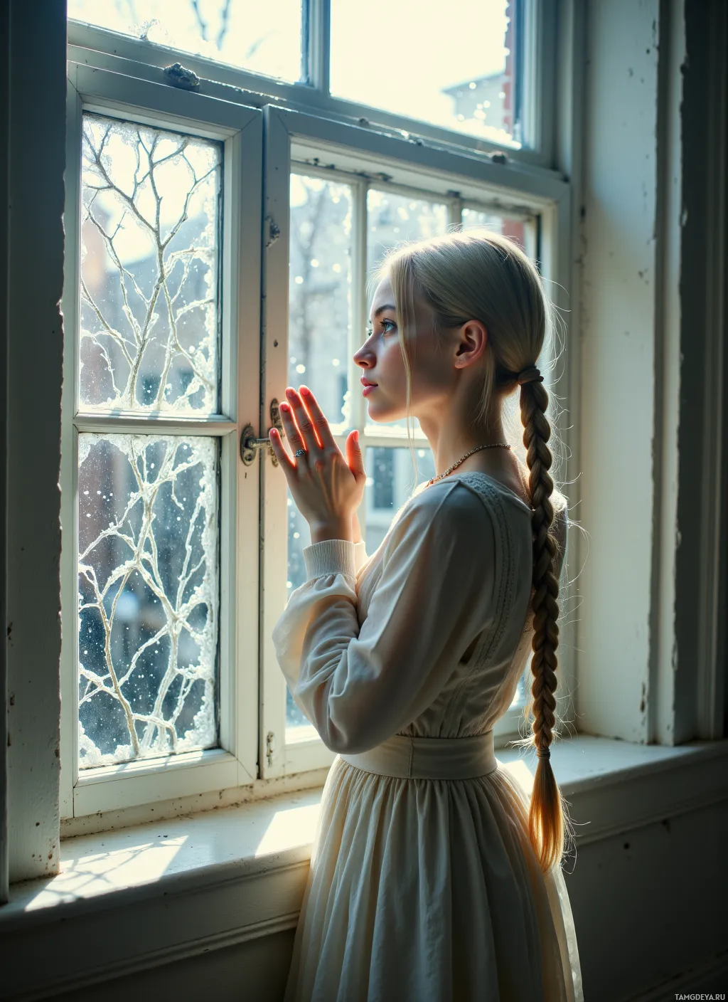 A young girl in a white dress stands by a window, gazing outside.