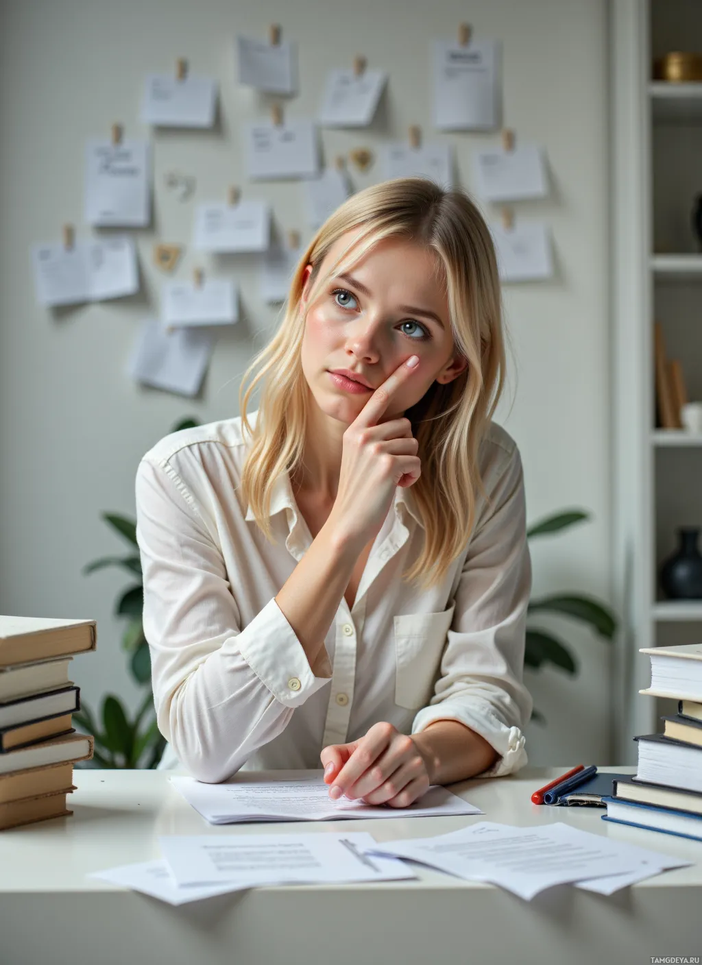 A person is sitting at a desk with papers, books, and pens, appearing to be in a study or work environment.
