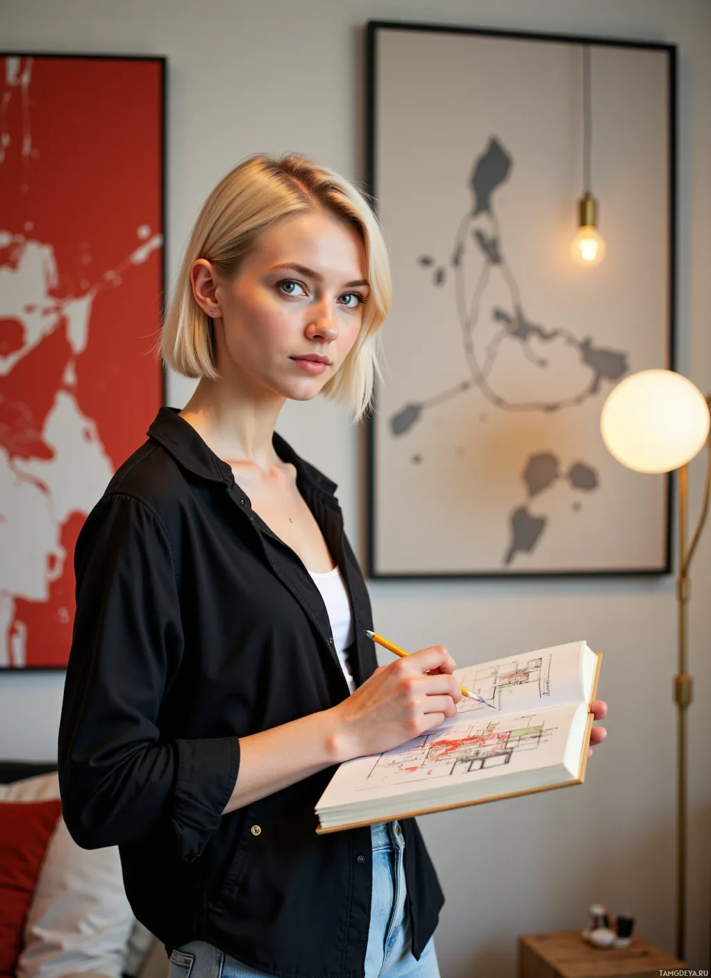 A person holding a sketchbook and pencil, standing in a room with artwork on the wall.