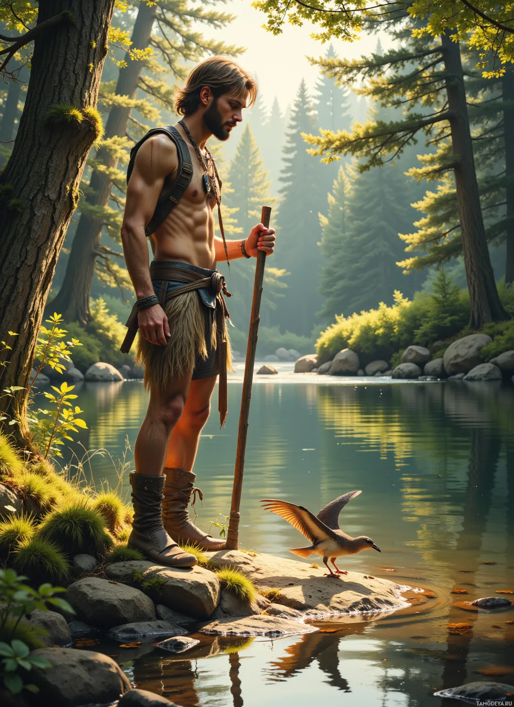 A man stands by a serene riverbank, holding a staff, with a bird near him in a lush forest setting.