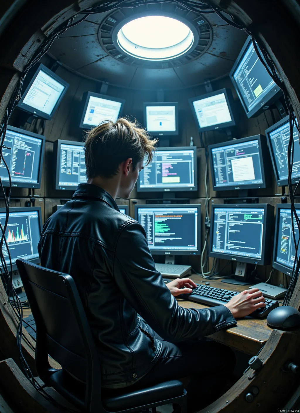 A person in a leather jacket is seated at a desk with multiple computer monitors displaying code and data.
