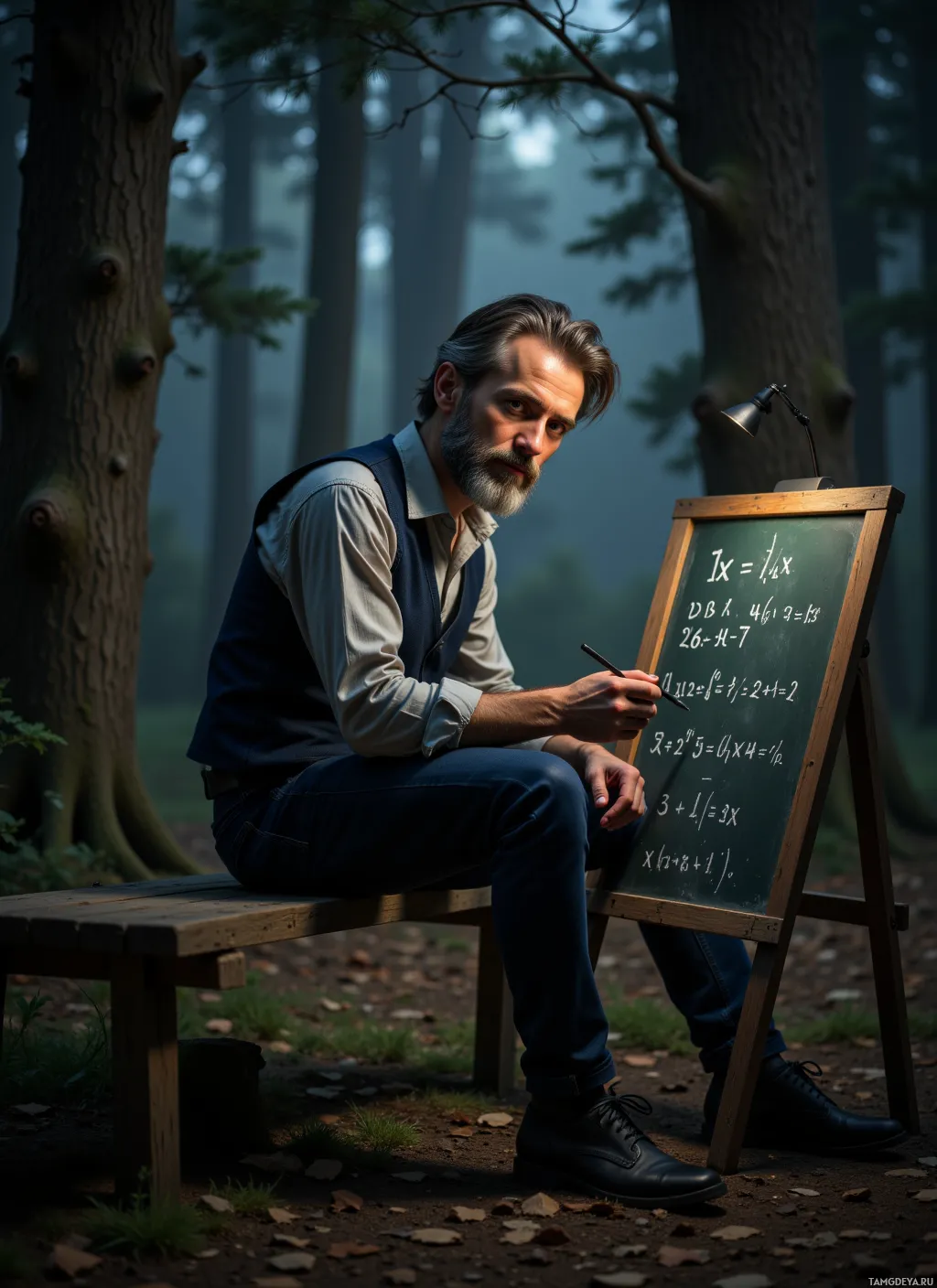 A man sits on a bench in a forest, holding a pen and looking at a chalkboard with equations.