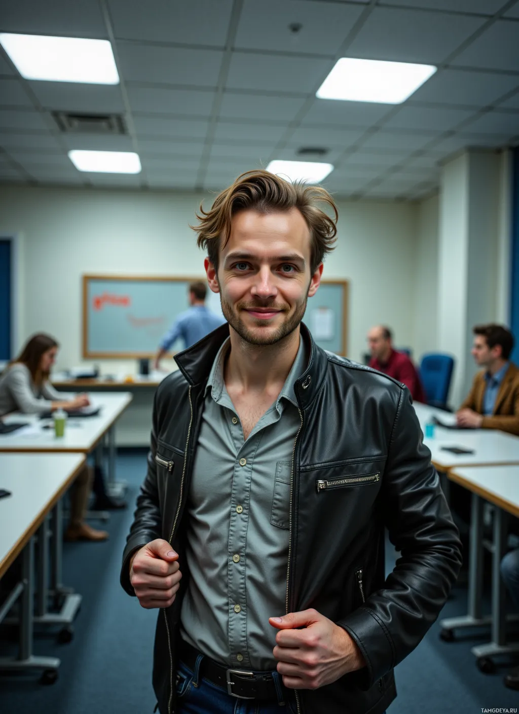 A man in a leather jacket stands in a classroom setting.