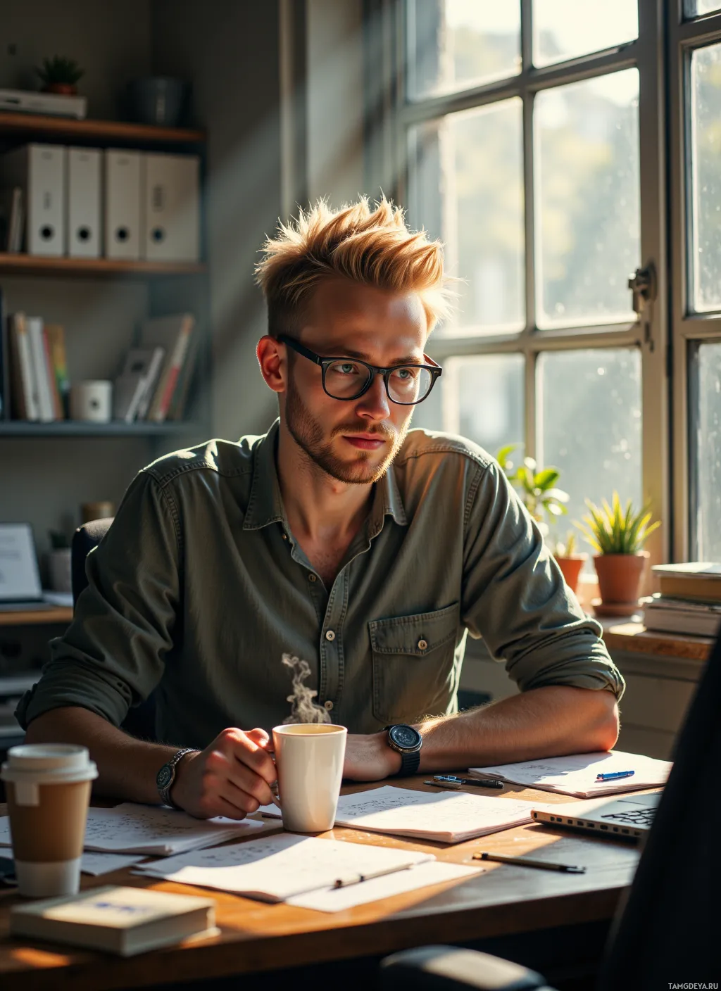 A man sits at a desk with a mug, papers, and a laptop, in a well-lit room with a window.