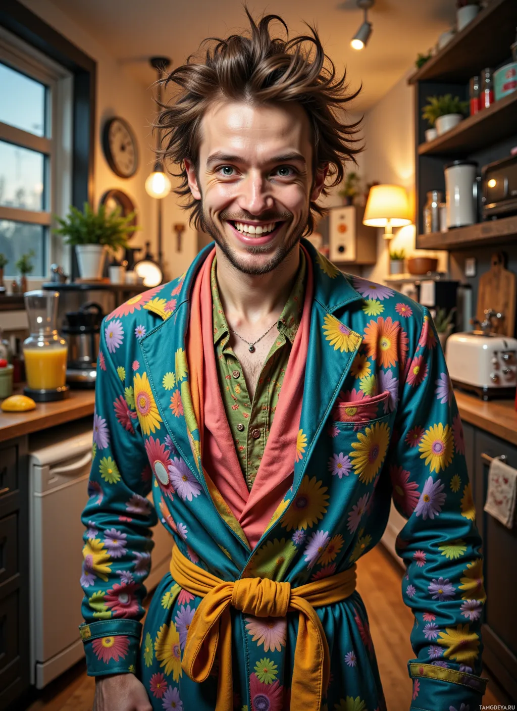 A person wearing a colorful floral robe smiles in a kitchen setting.