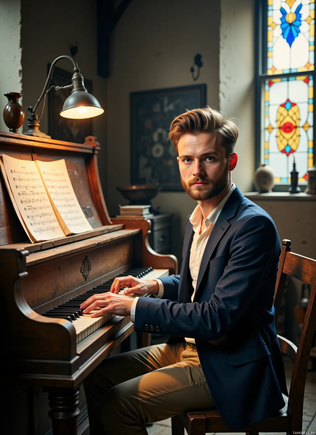 A man in a suit sits at a piano, with sheet music open, in a room with stained glass windows.