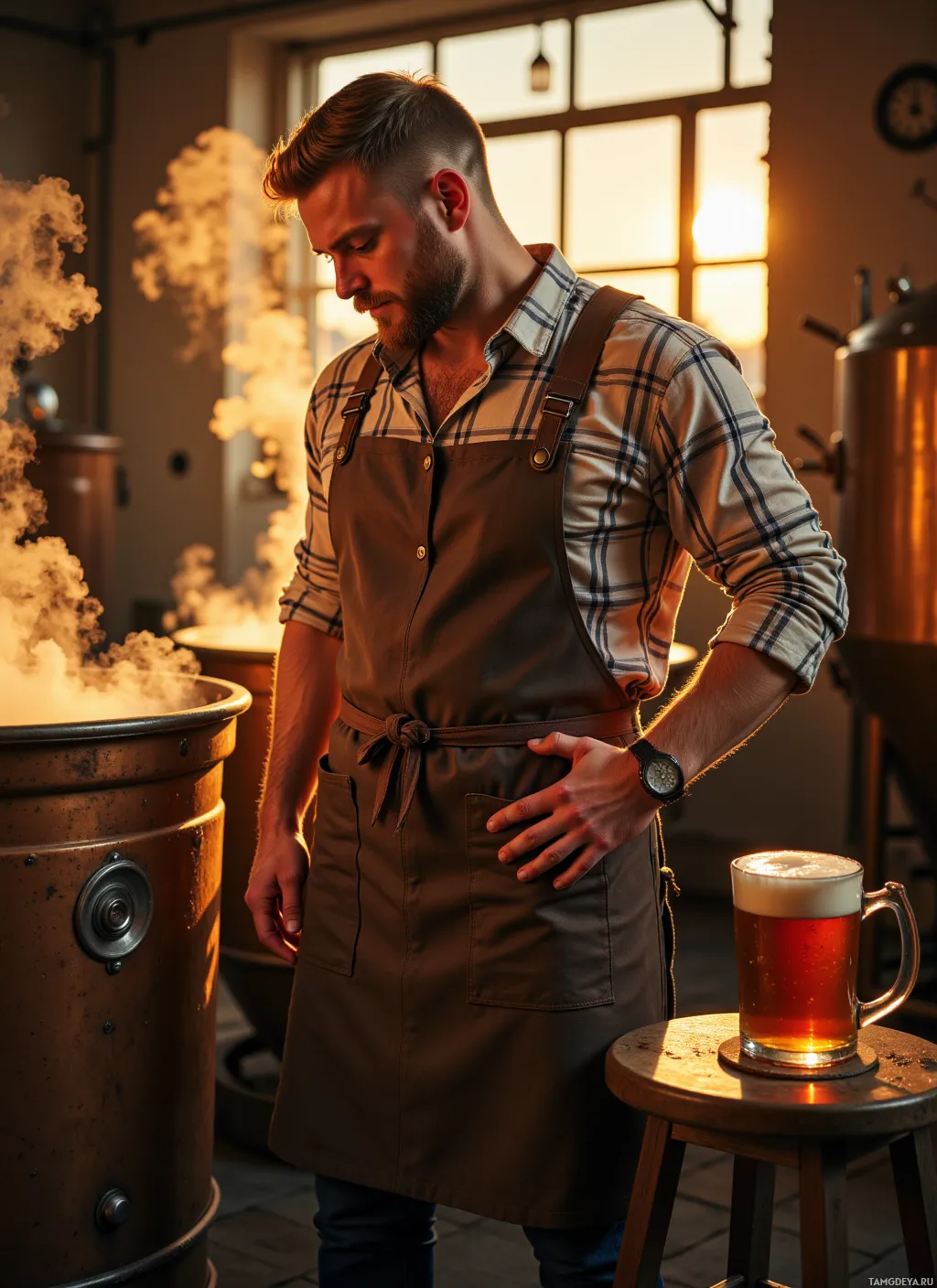 A man in a plaid shirt and apron stands in a brewery, with steam rising from a copper vat and a mug of beer on a stool nearby.
