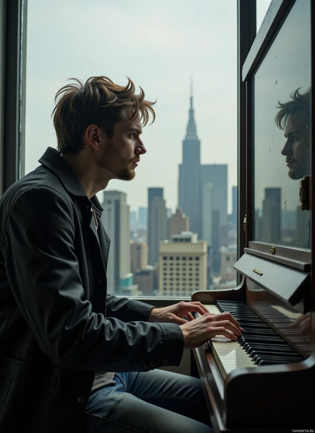A person plays a piano with a cityscape visible through the window behind them.