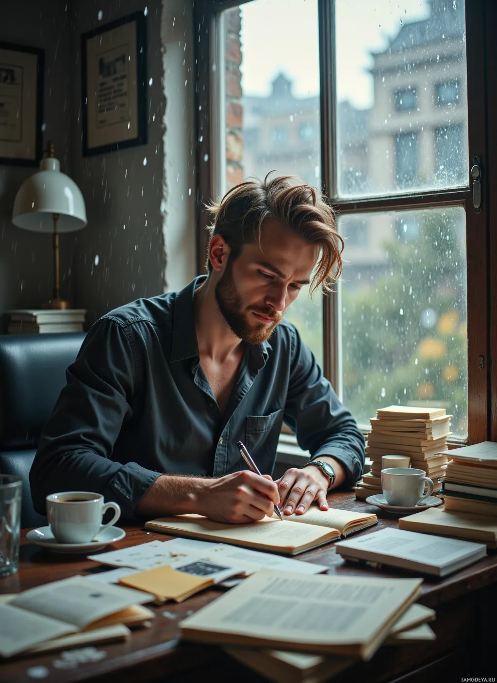 A man is writing in a notebook at a desk with books and a cup of coffee, rain falling outside the window.