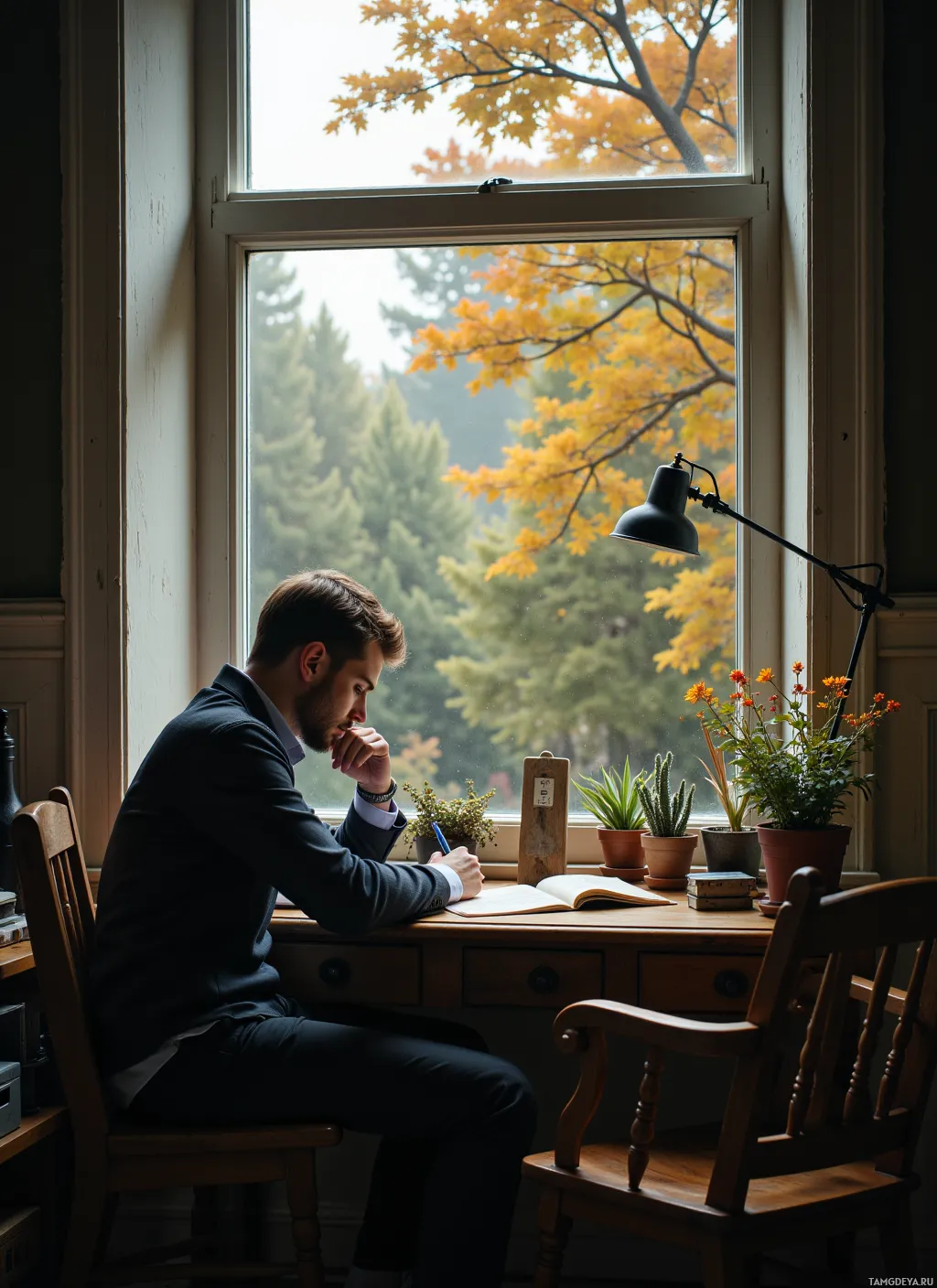 A man sits at a desk by a window, writing in a notebook.