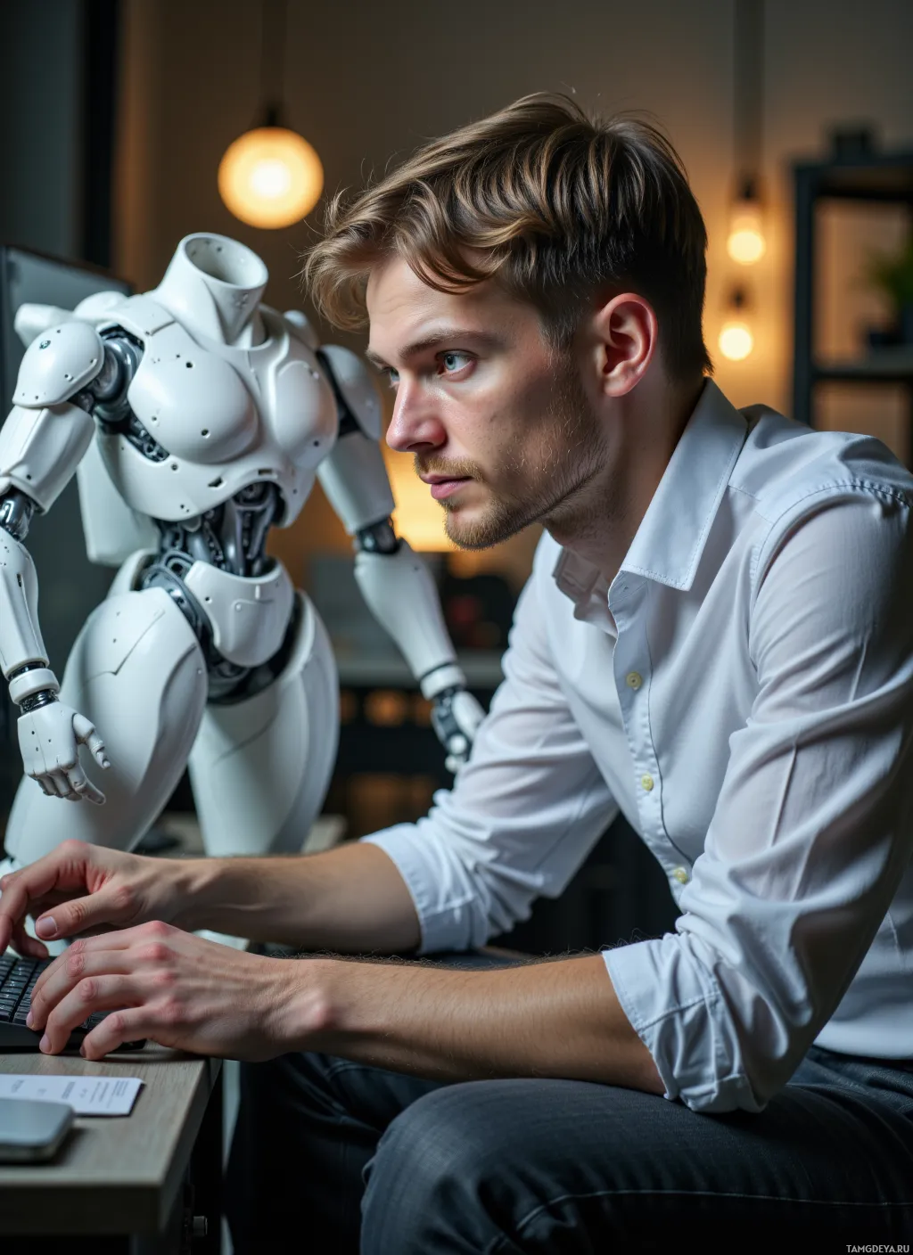 A man in a white shirt works on a computer with a humanoid robot nearby.