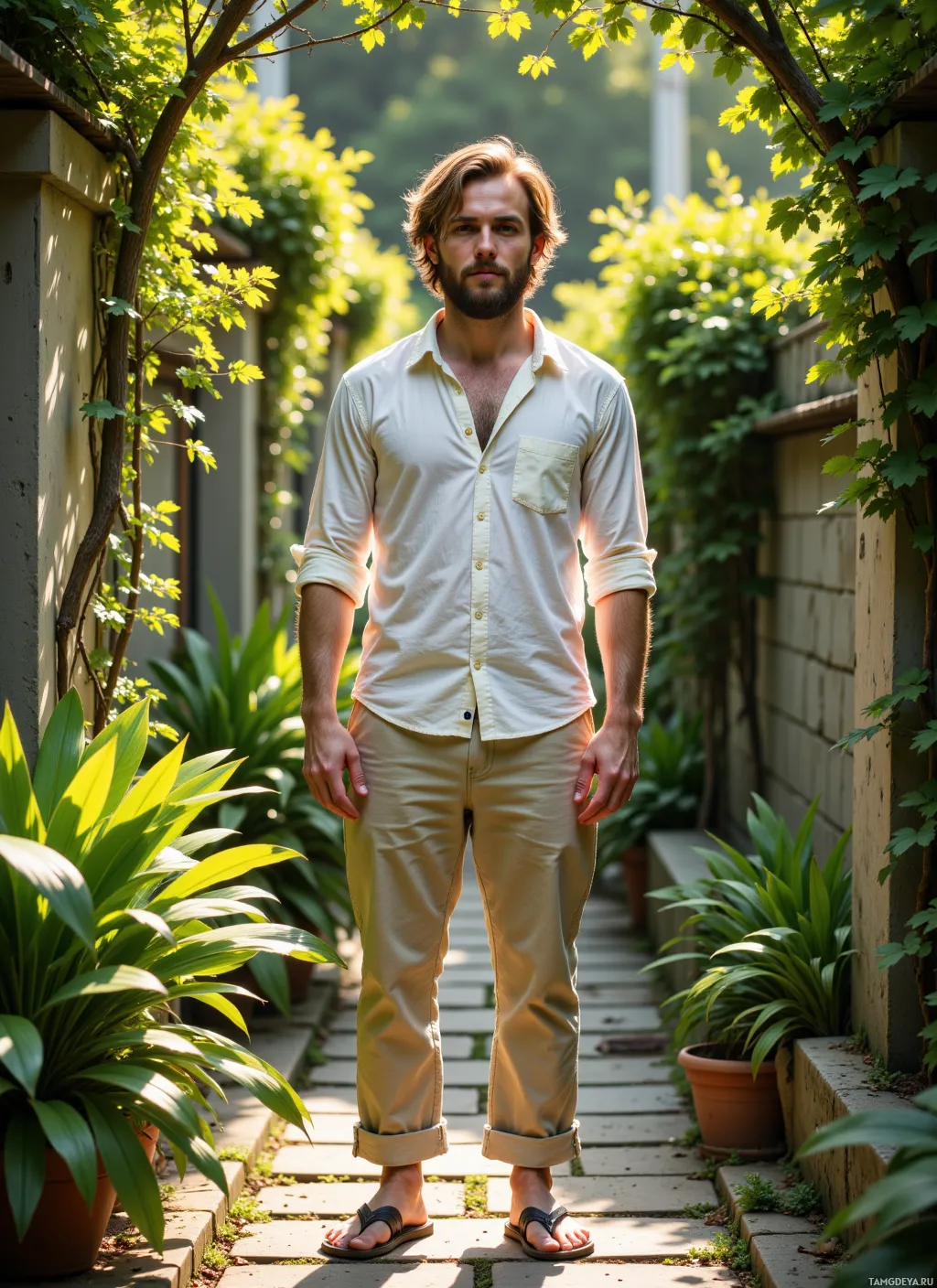 A man stands in a garden pathway, wearing a light-colored shirt and beige pants, surrounded by greenery.