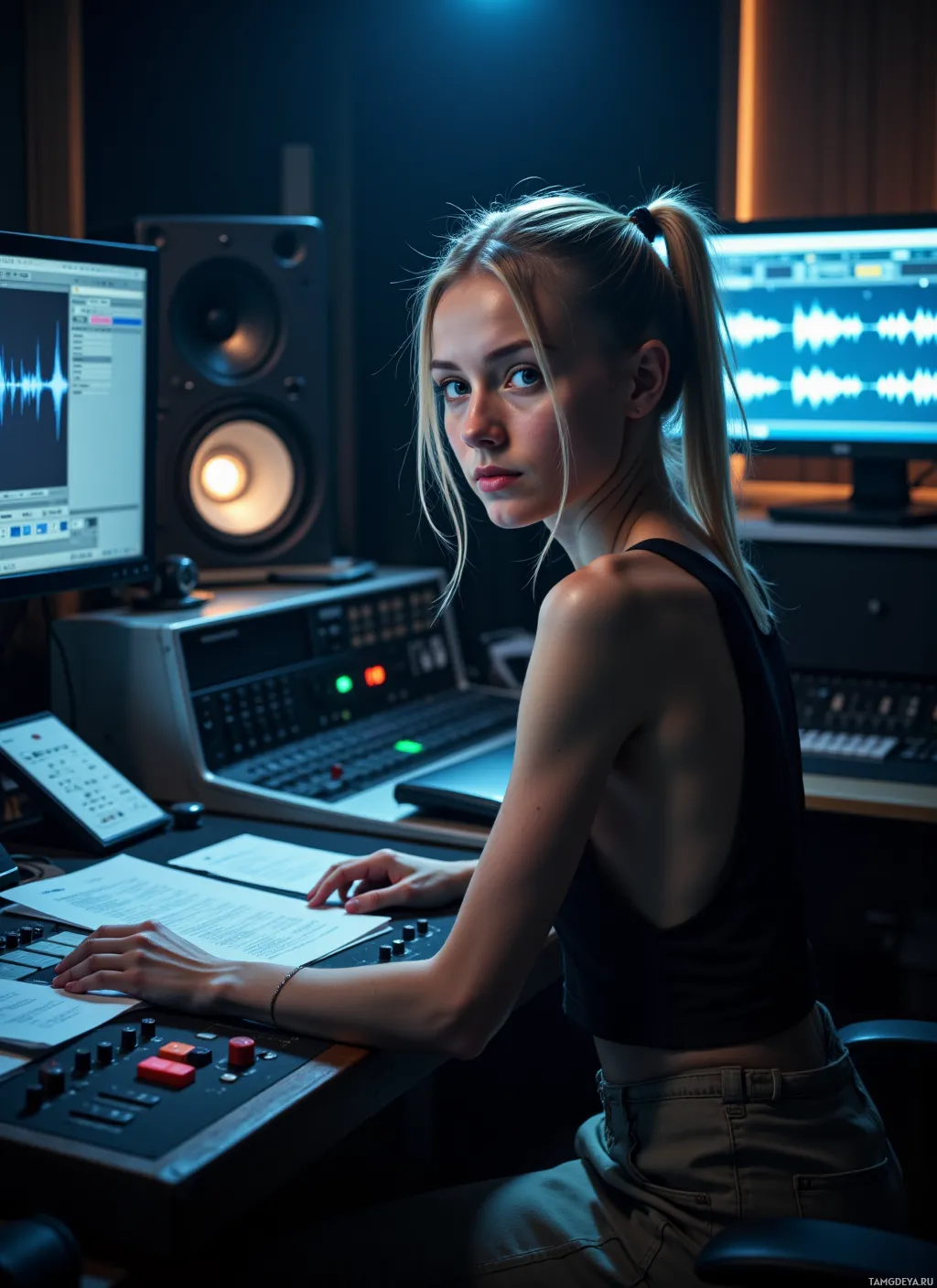 A person is seated at a music production desk with audio equipment and computer screens displaying sound waveforms.