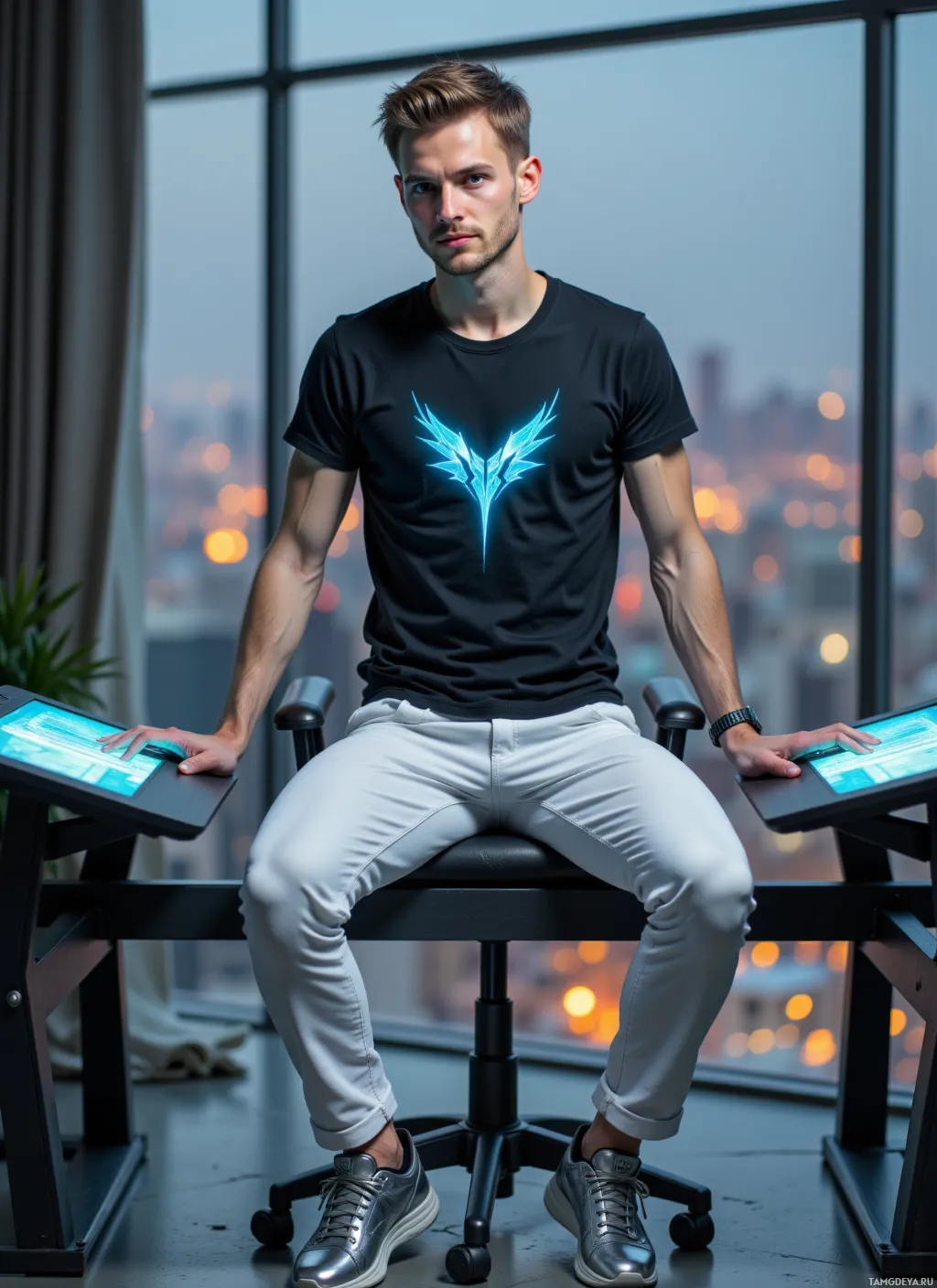 A person sits at a desk in a modern office setting, wearing a black t-shirt with a blue logo and light gray pants.