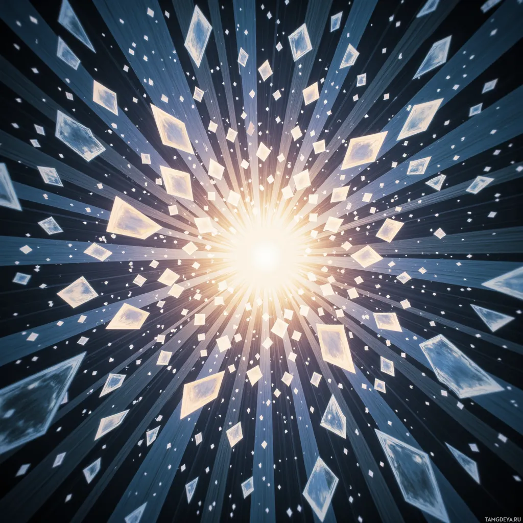 A radiant burst of light with glowing diamond shapes radiating outward against a dark background.