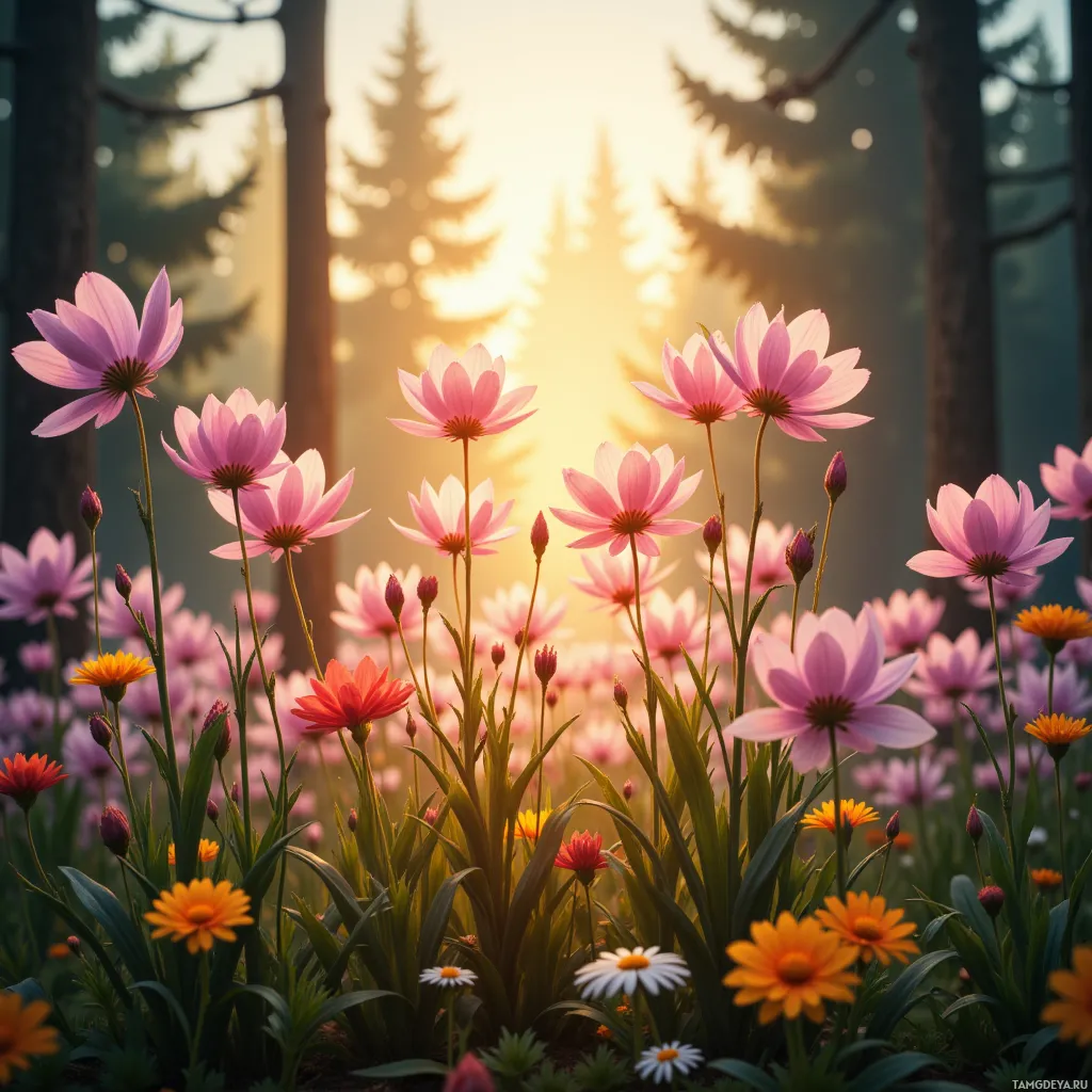 A serene forest scene with vibrant pink and orange flowers in the foreground and tall trees silhouetted against a glowing sunset in the background.