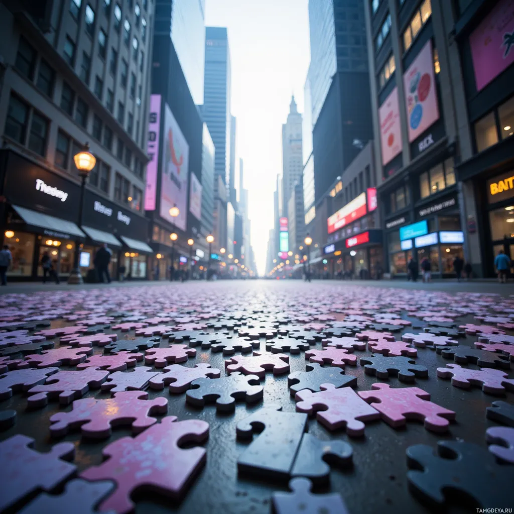 A city street scene with puzzle pieces scattered on the ground.