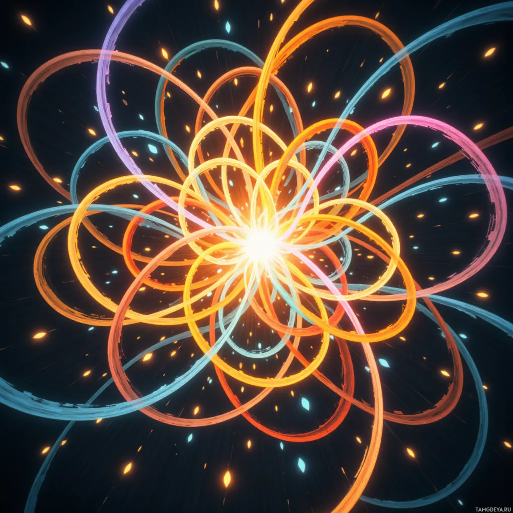 A vibrant, abstract composition featuring interlocking rings in various colors against a dark background.