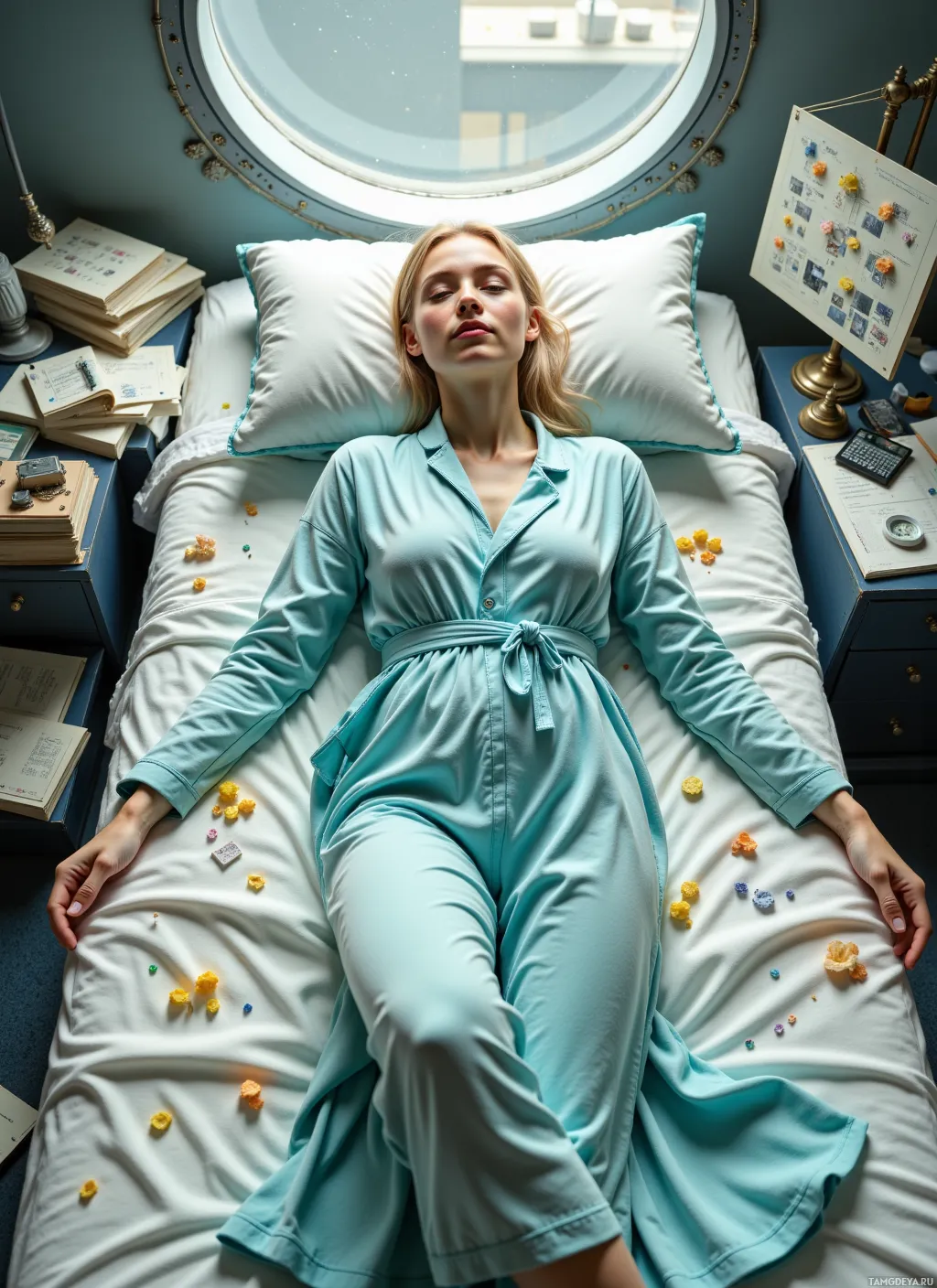 A person in a light blue robe lies on a bed with a round window above.