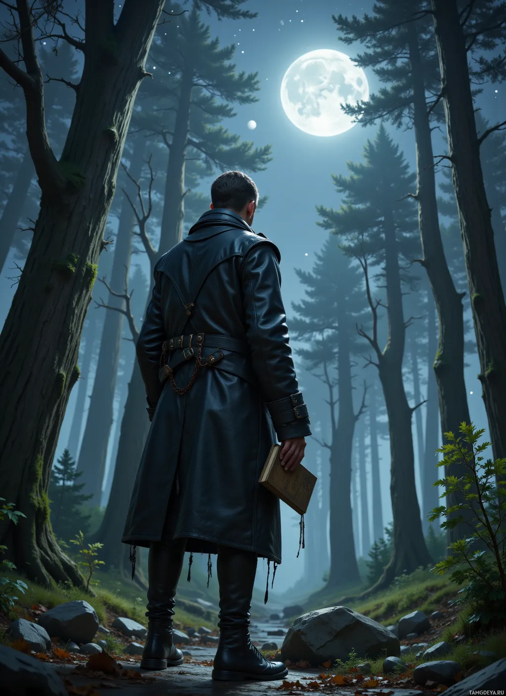A man in a leather coat stands in a moonlit forest, holding a book.