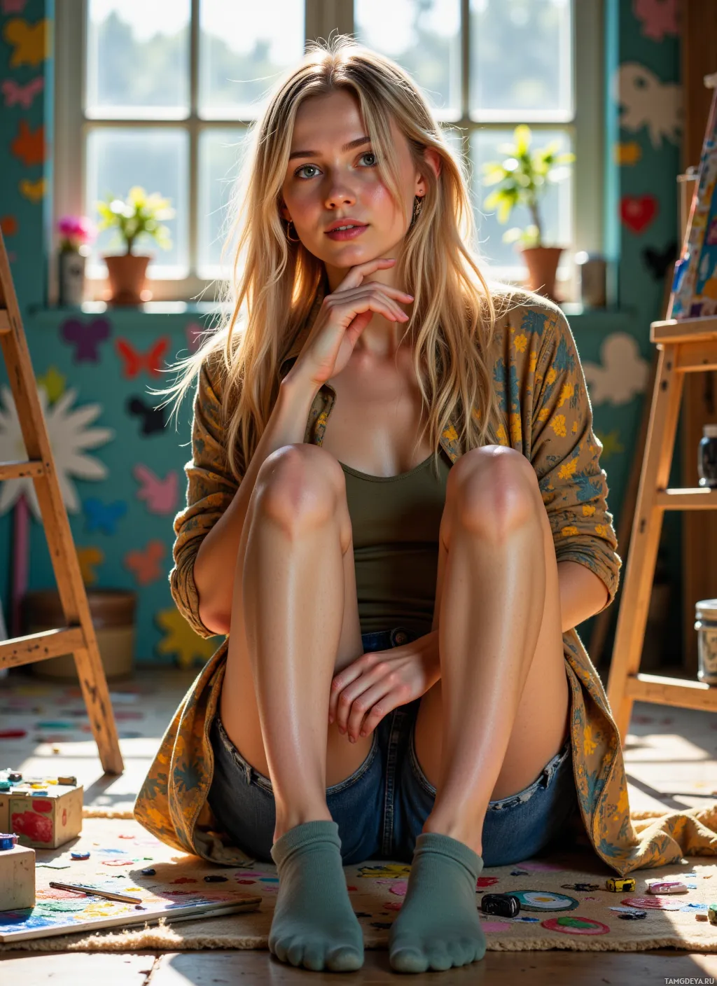 A person sits on the floor in a brightly lit room with colorful decorations, wearing a patterned shirt and jeans.