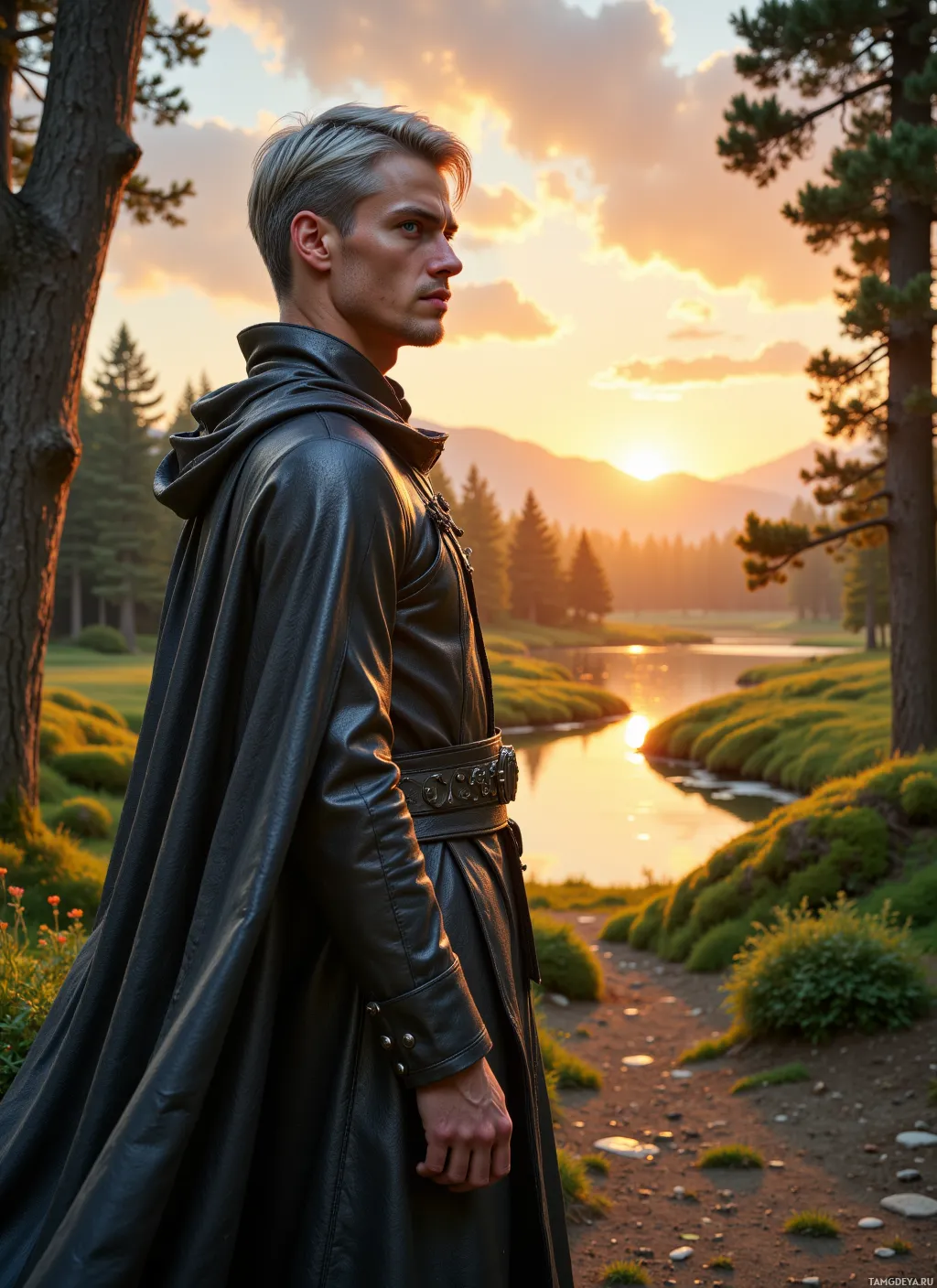 A man in a leather cloak stands on a path near a river at sunset.