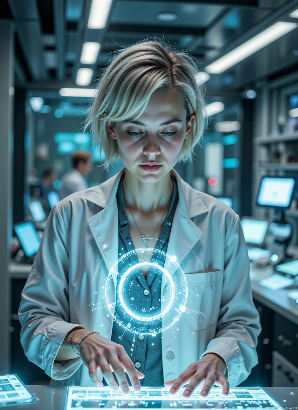 A person in a lab coat interacts with a futuristic, illuminated interface in a high-tech environment.