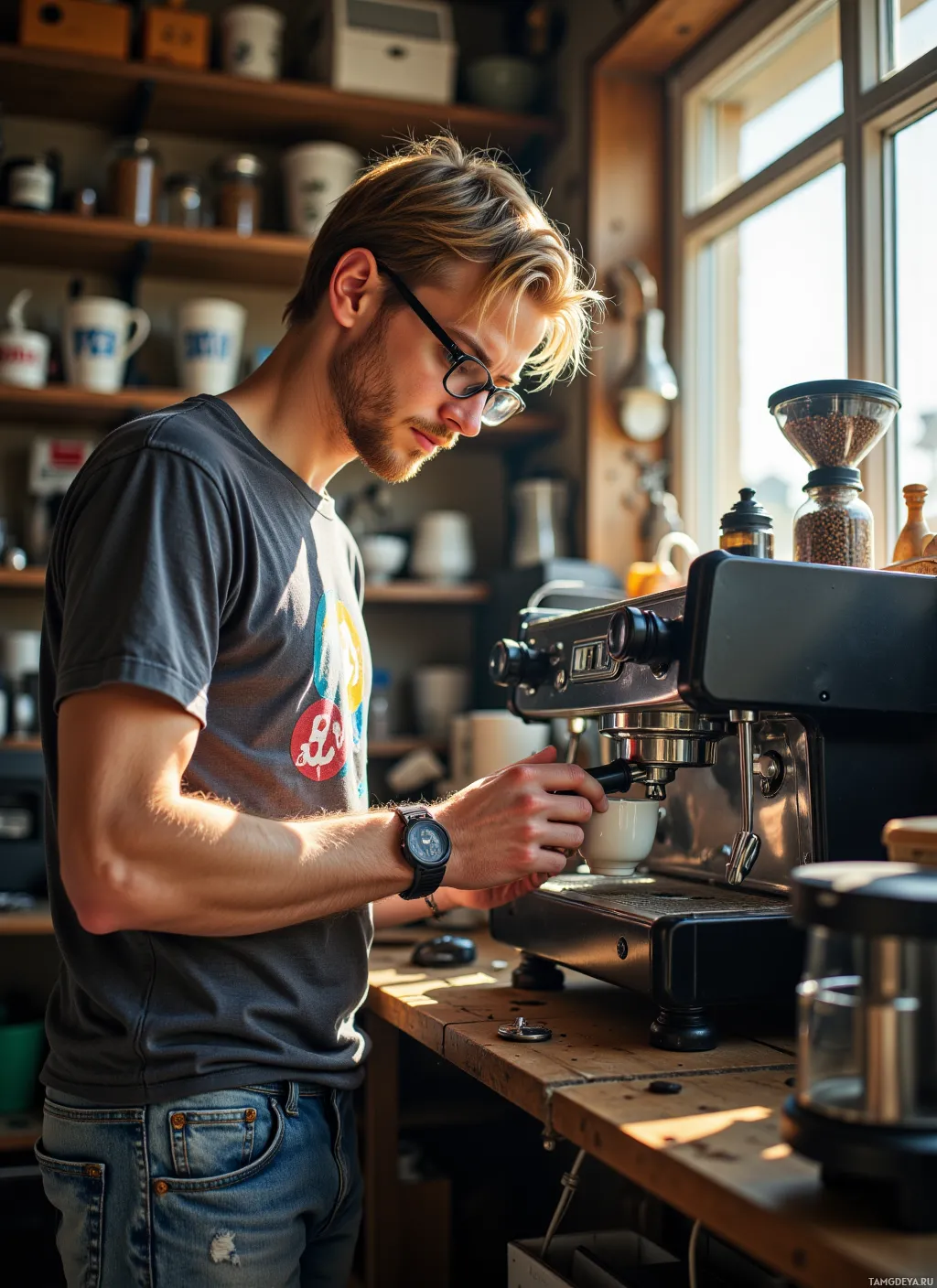 A man is making coffee using a machine in a cozy, well-lit kitchen.