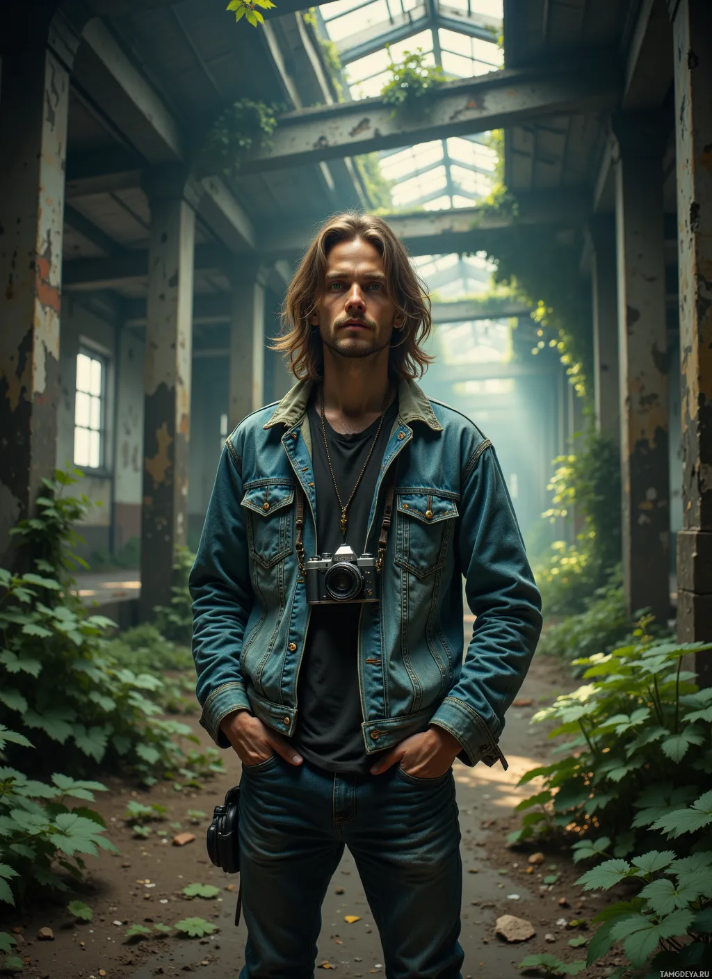 A man stands in a dilapidated building with a camera around his neck.