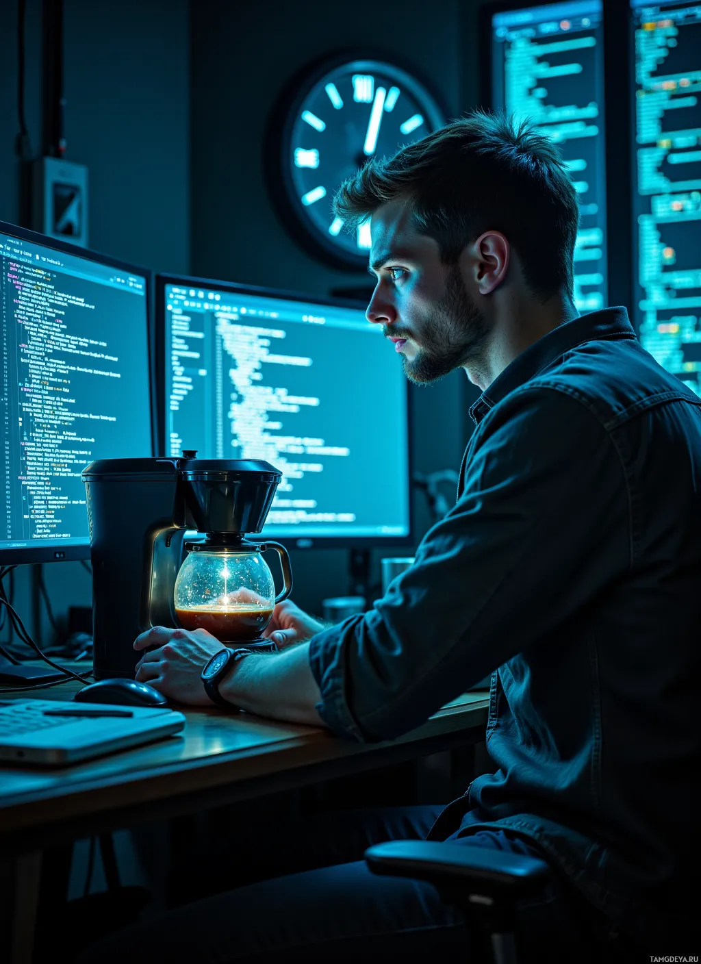 A person is working at a desk with multiple computer monitors displaying code, while a coffee pot sits on the desk.