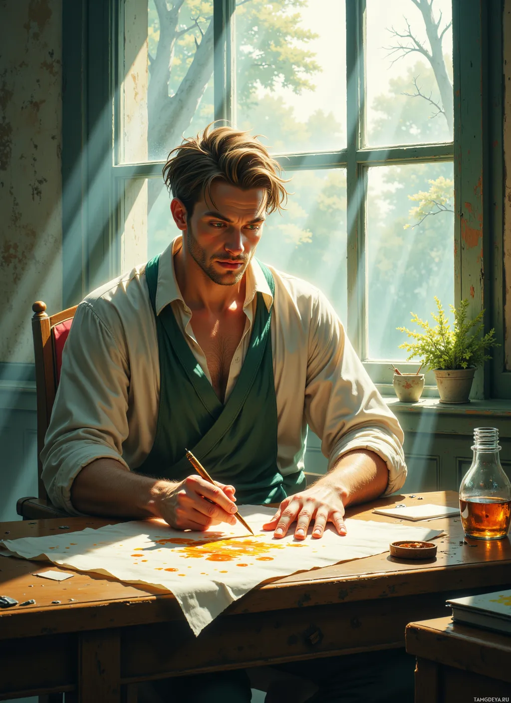 A man sits at a desk, illuminated by sunlight streaming through a window, as he works on a piece of paper with a pen.