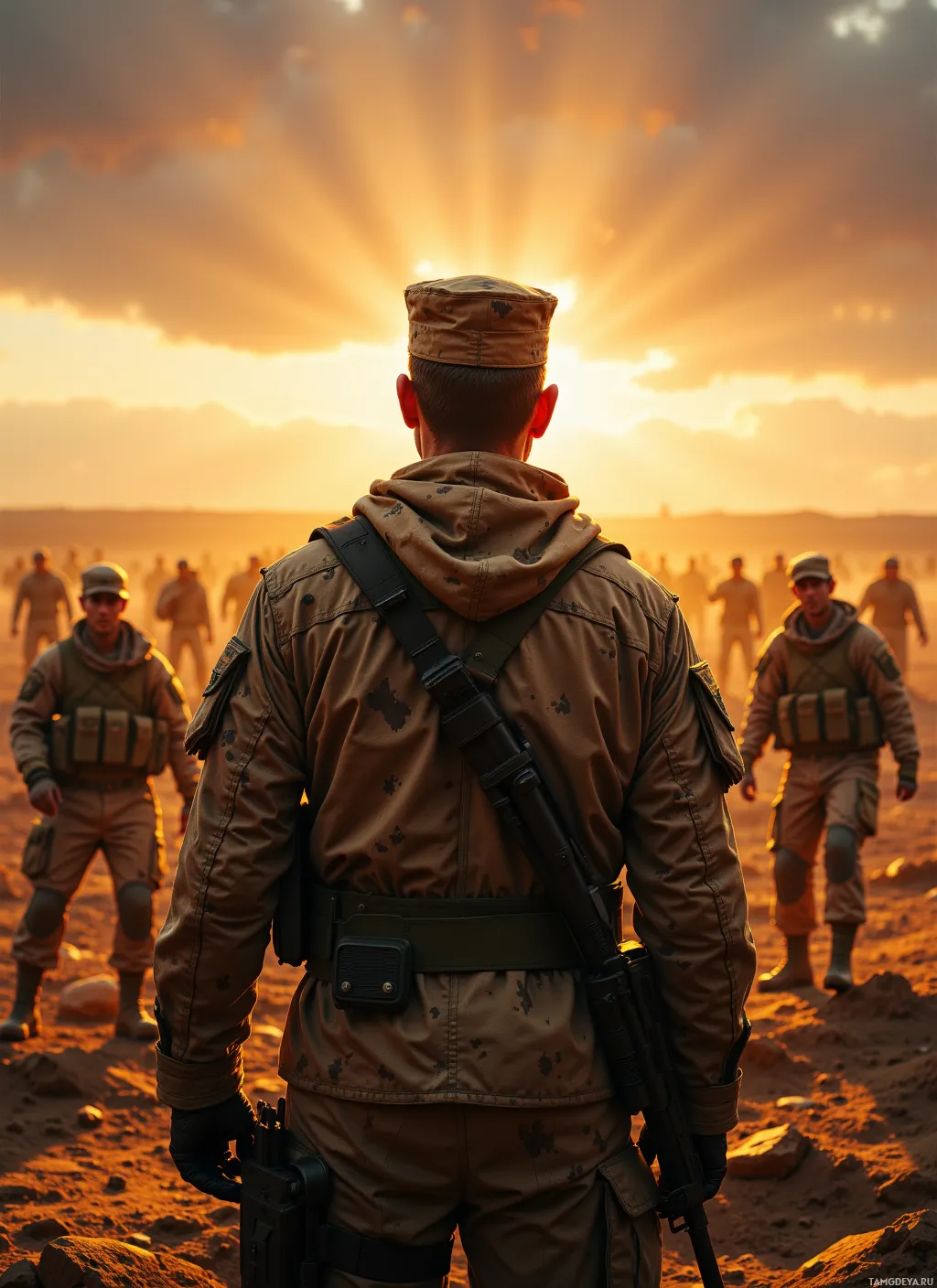 A soldier in a desert uniform stands in front of a group of soldiers under a dramatic sunset sky.