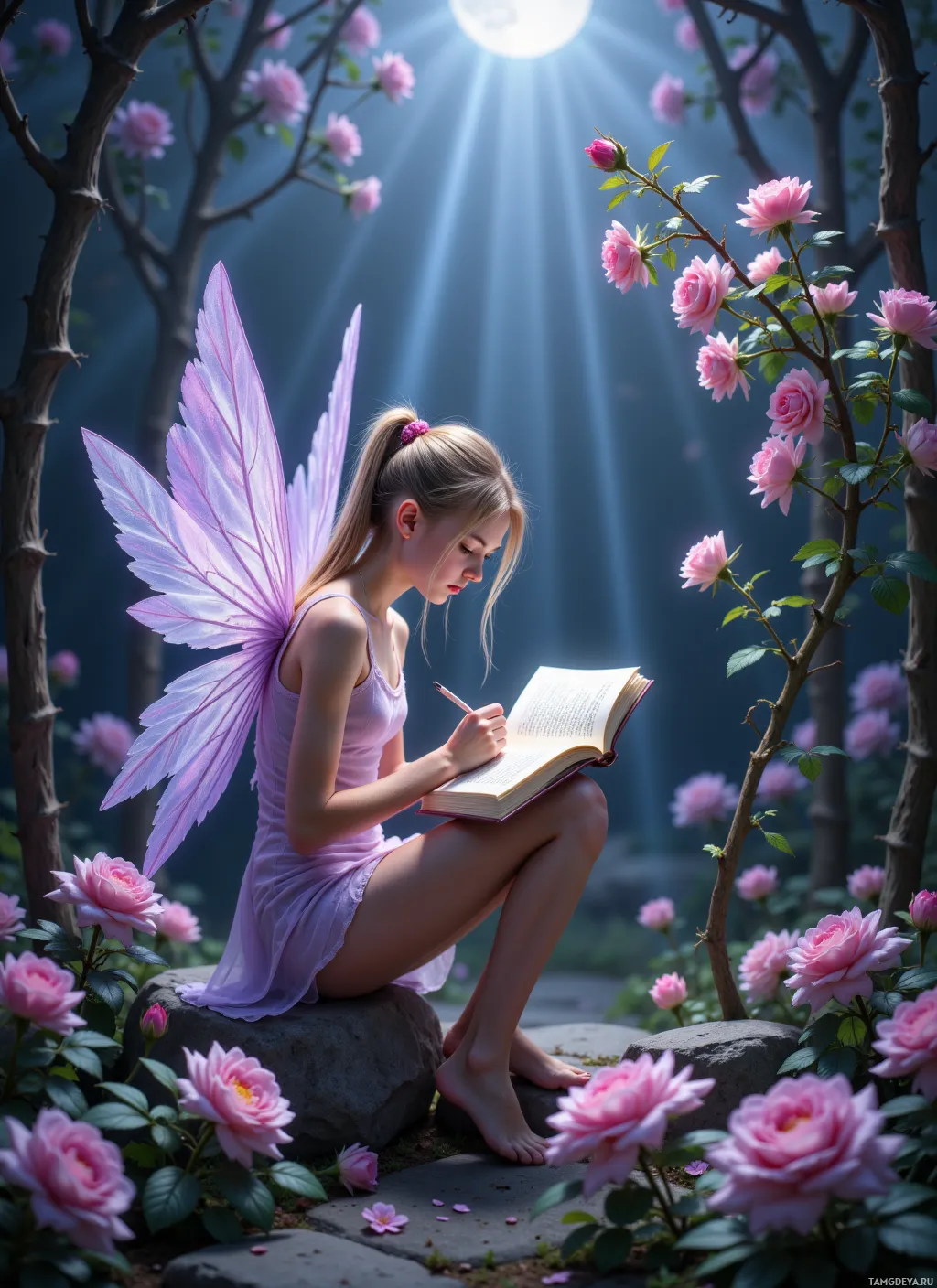 A fairy with purple wings sits on a rock in a garden, reading a book.