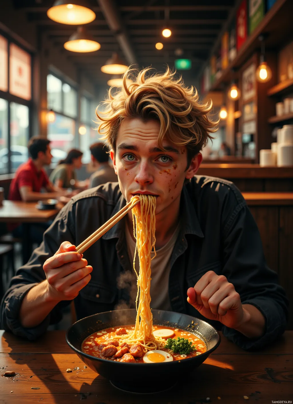 A person is eating noodles with chopsticks in a restaurant setting.