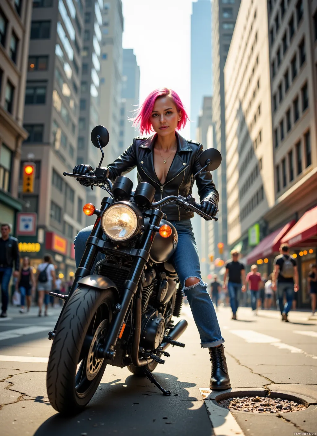 A woman with pink hair rides a black motorcycle in a city street.