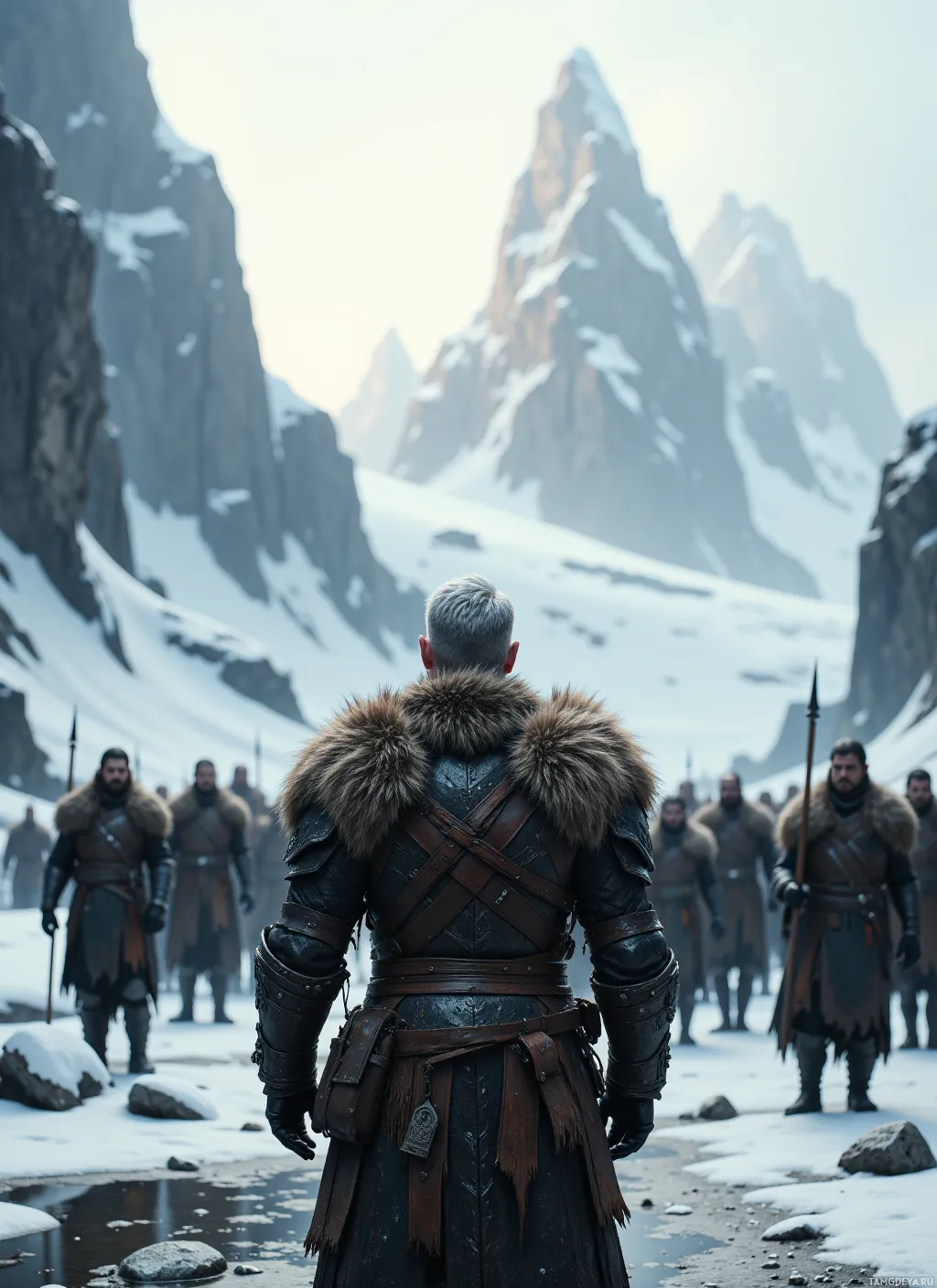 A warrior in fur-lined armor stands at the forefront of a group of similarly dressed individuals, facing a snow-covered mountain range.