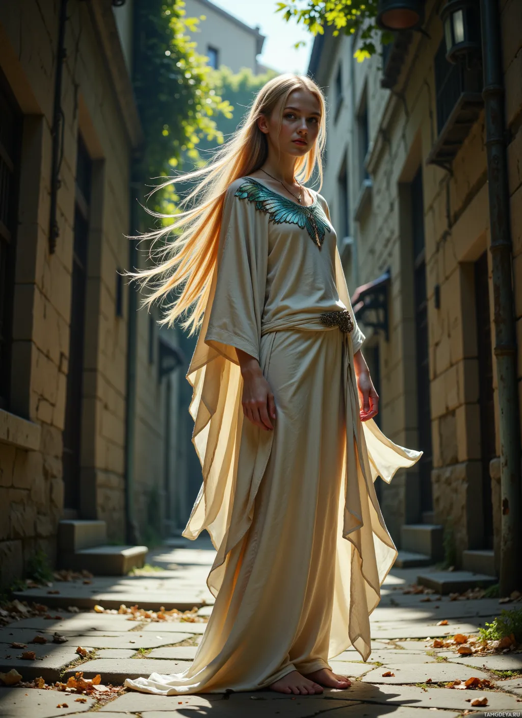 A woman in a flowing, beige gown with butterfly motifs stands in a sunlit alleyway.