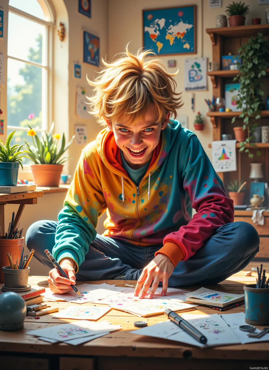 A person in a colorful hoodie is sitting on the floor, drawing on paper with a pen.