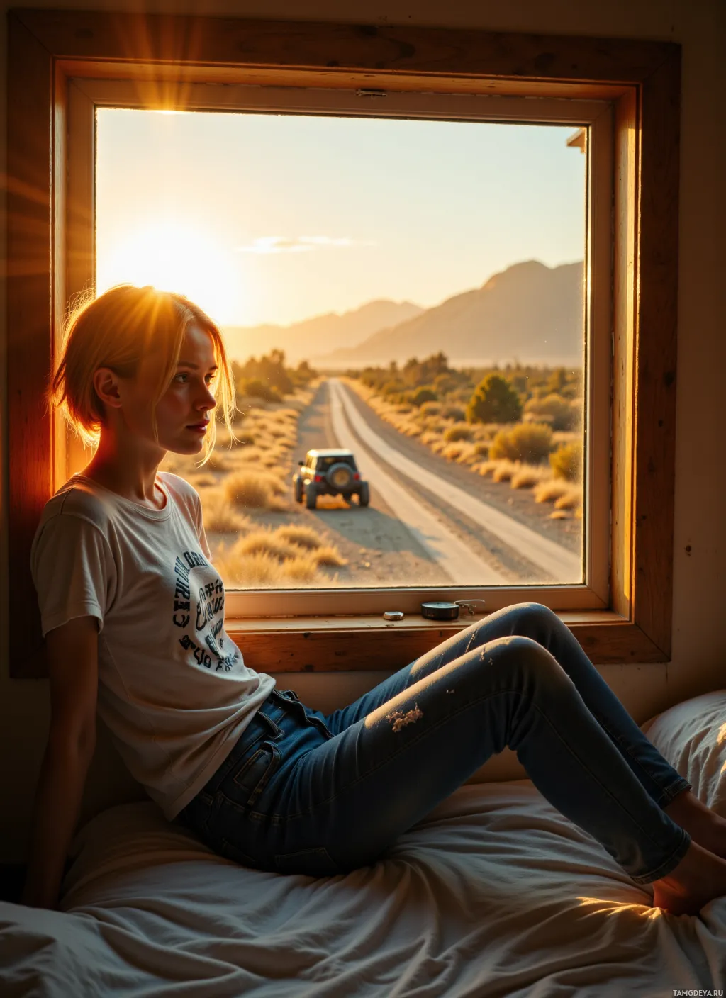 A person sits on a bed, gazing out a window at a scenic road and mountains at sunset.