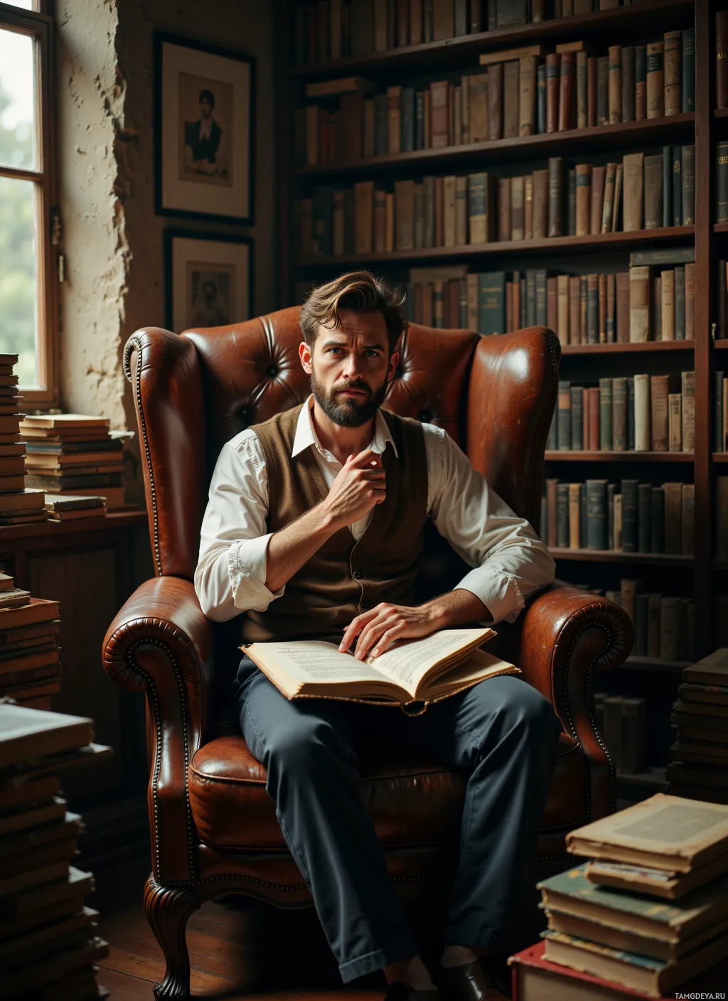 A man sits in a leather armchair in a library, surrounded by books, holding an open book.