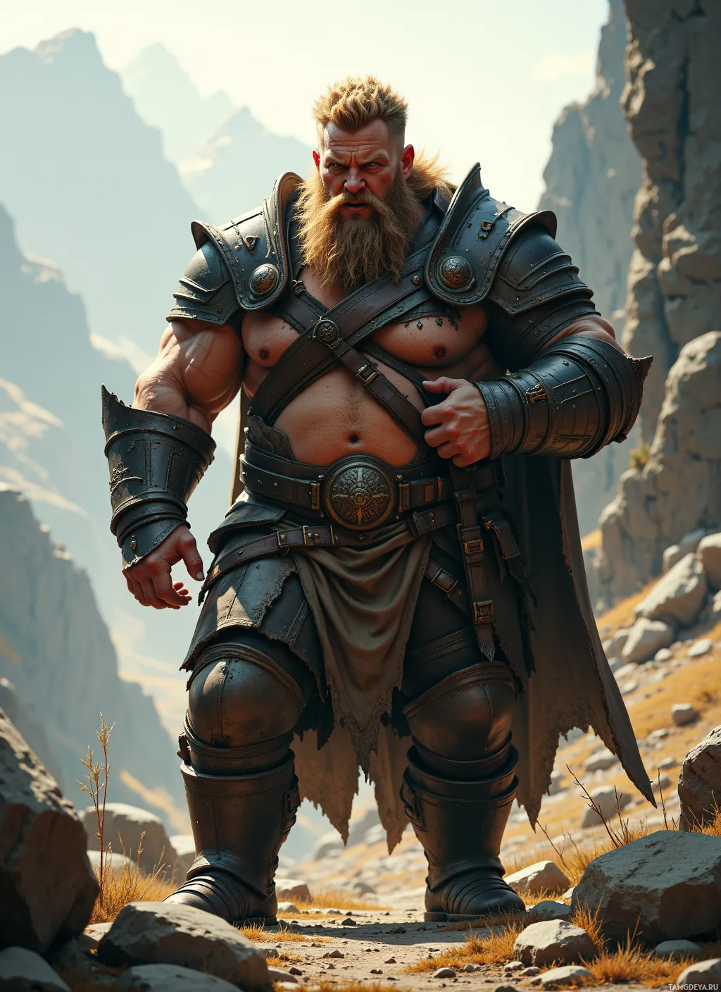 A muscular warrior in dark armor stands in a rugged mountain landscape.