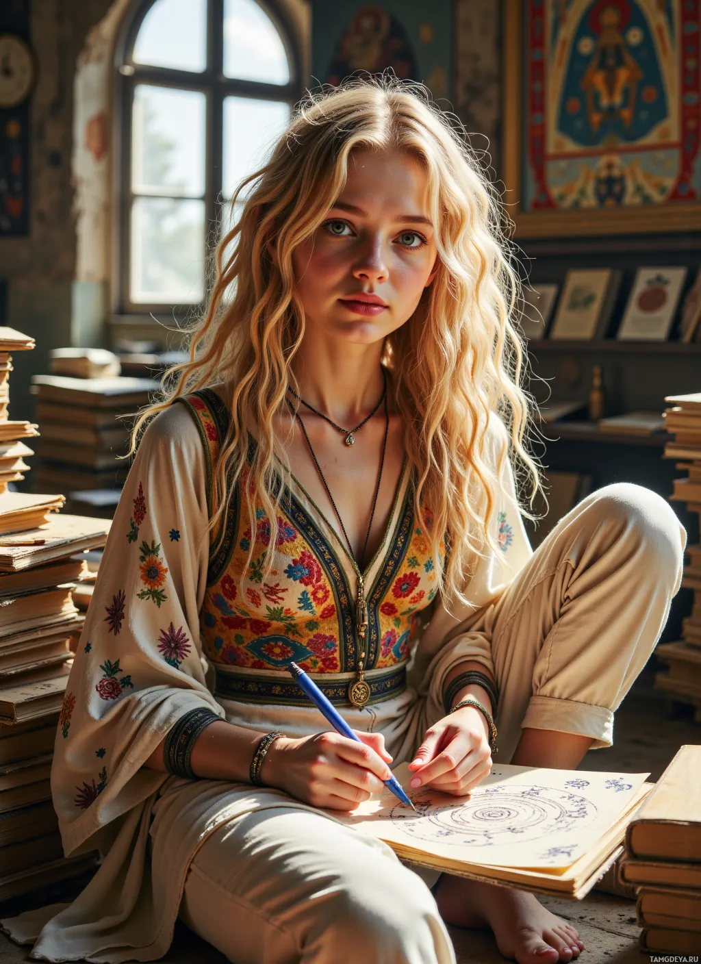 A woman sits cross-legged, drawing in a notebook in a room with books and ornate decorations.