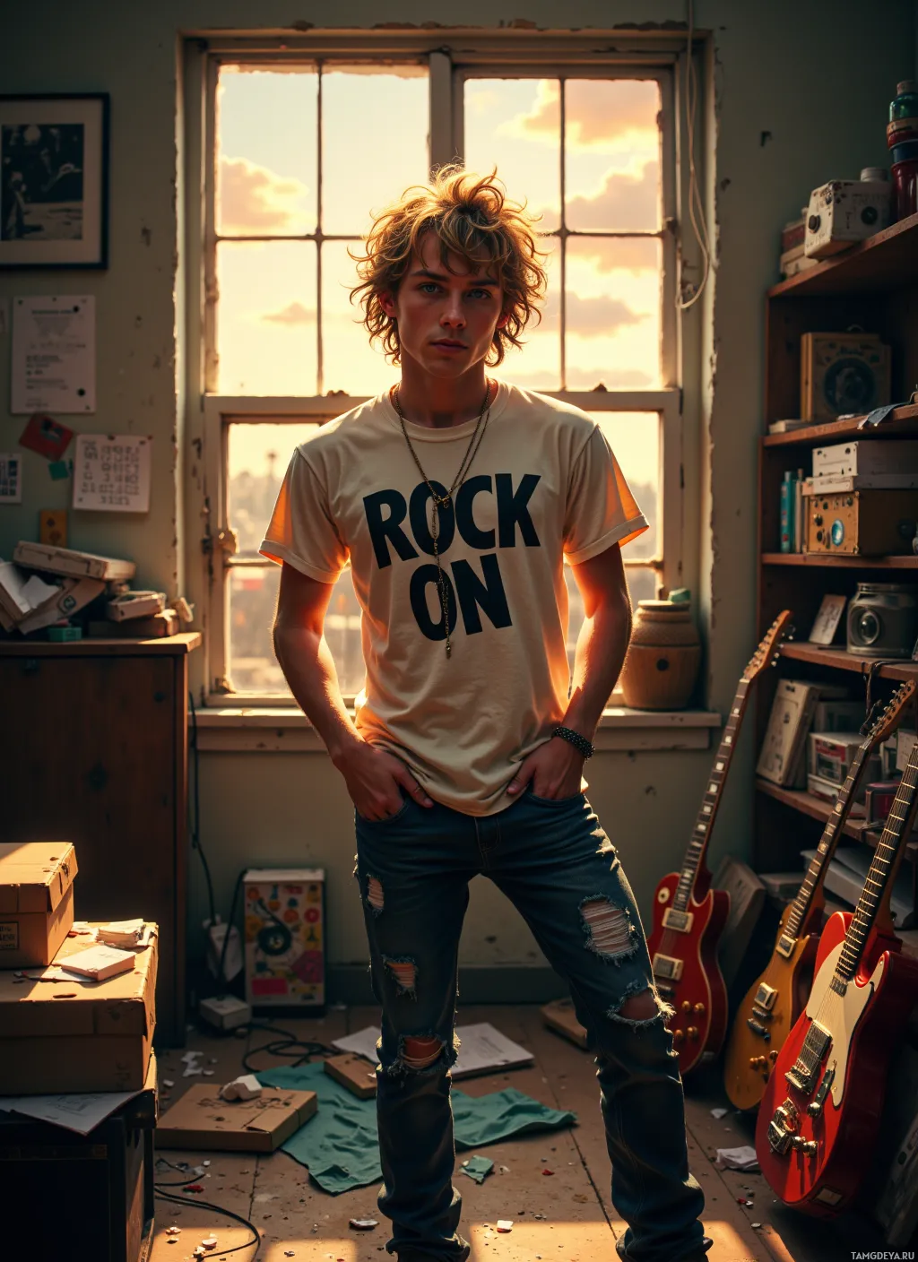 A young man stands in a room with a window, wearing a "ROCK ON" t-shirt and ripped jeans.