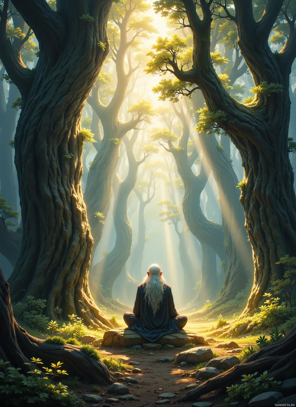 A serene scene of a person meditating in a forest bathed in golden light.